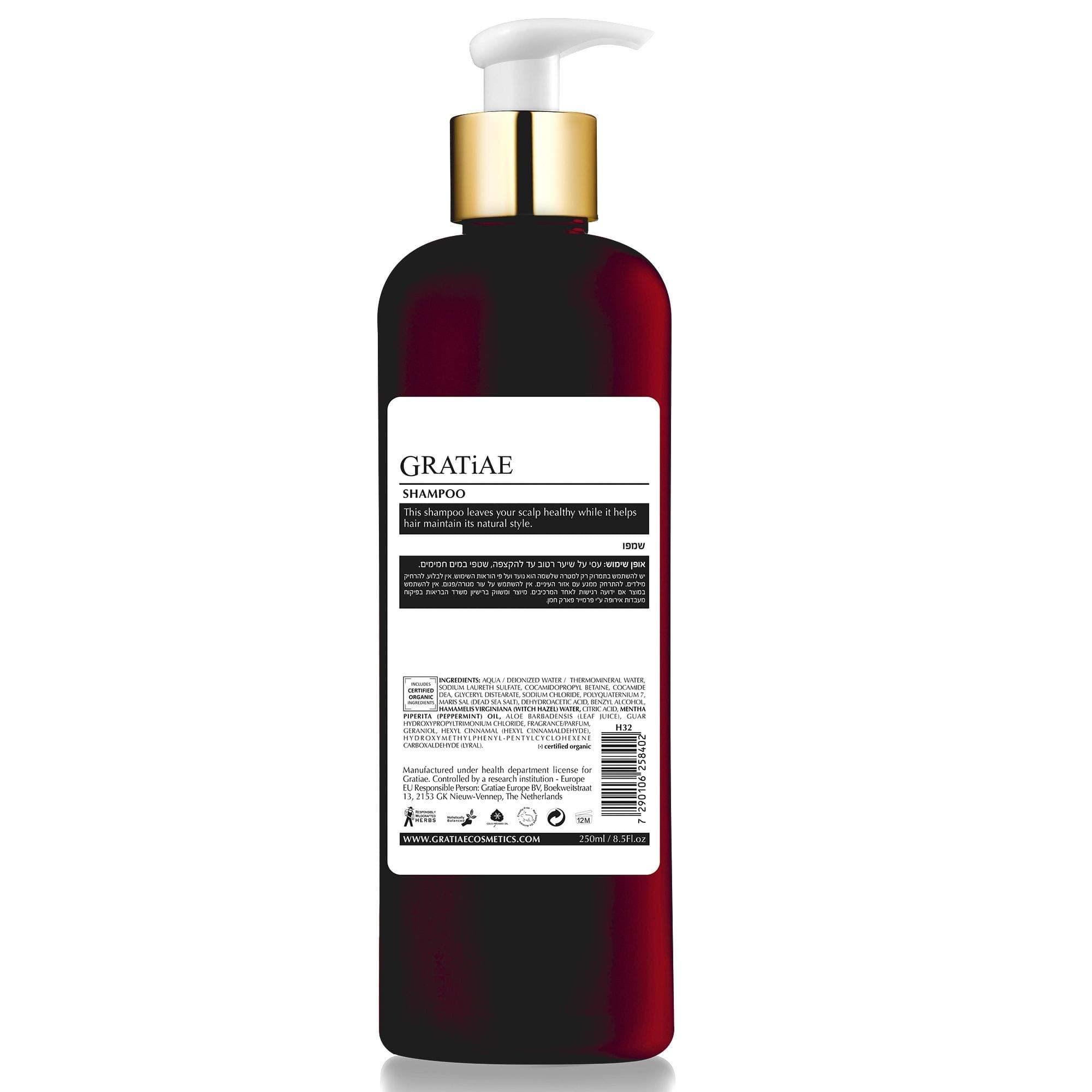 Gratiae Organic Shampoo prevents Dry Hair & Itchy Scalp with which hazel, peppermint oil and Aloe Vera, daily use shampoo 250ml / 8.5fl oz.