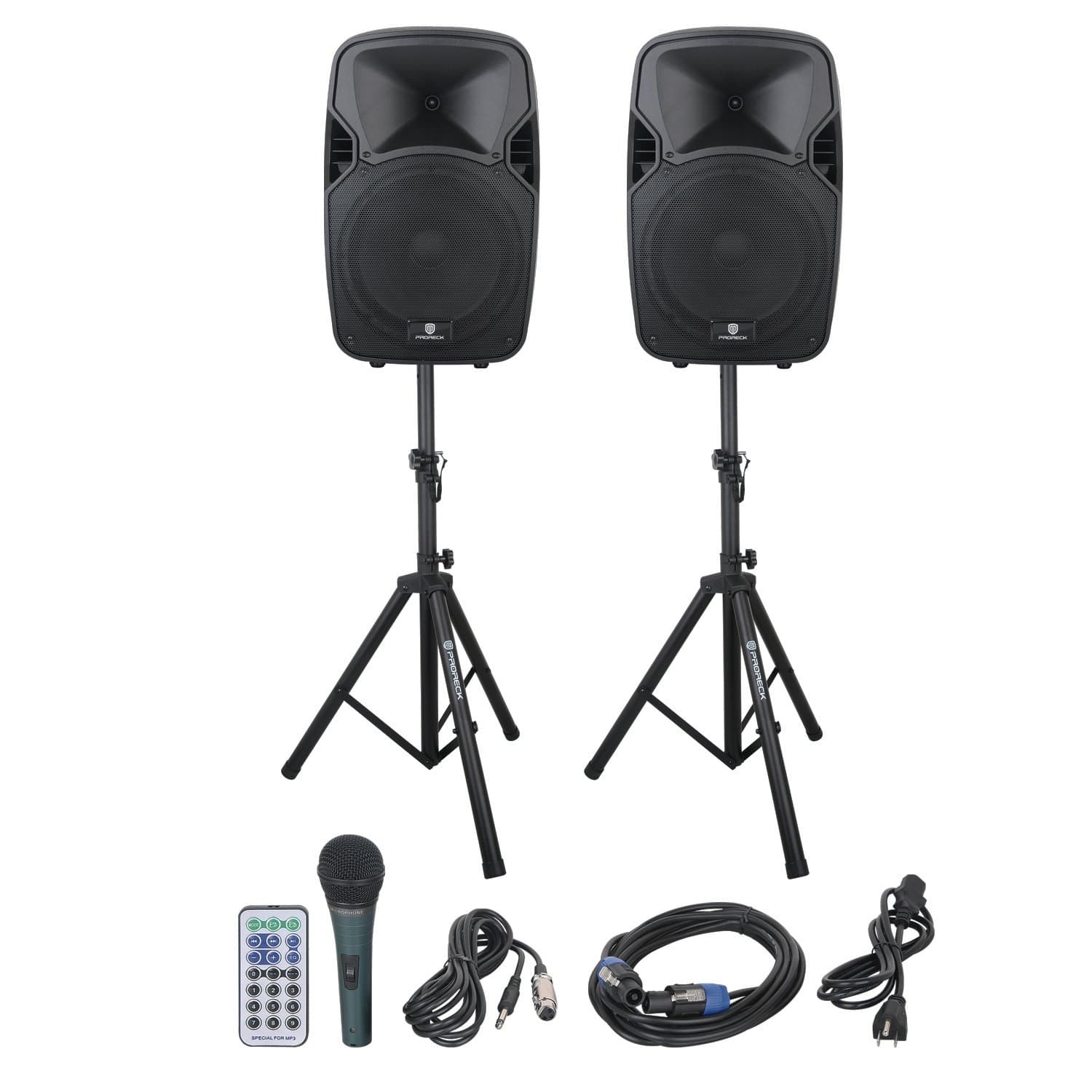 PRORECK PARTY 12 Portable 12-Inch Woofer 2-Way Powered PA Speaker System Combo Set with Bluetooth/USB/SD Card Reader/FM Radio/Remote Control/Speake...