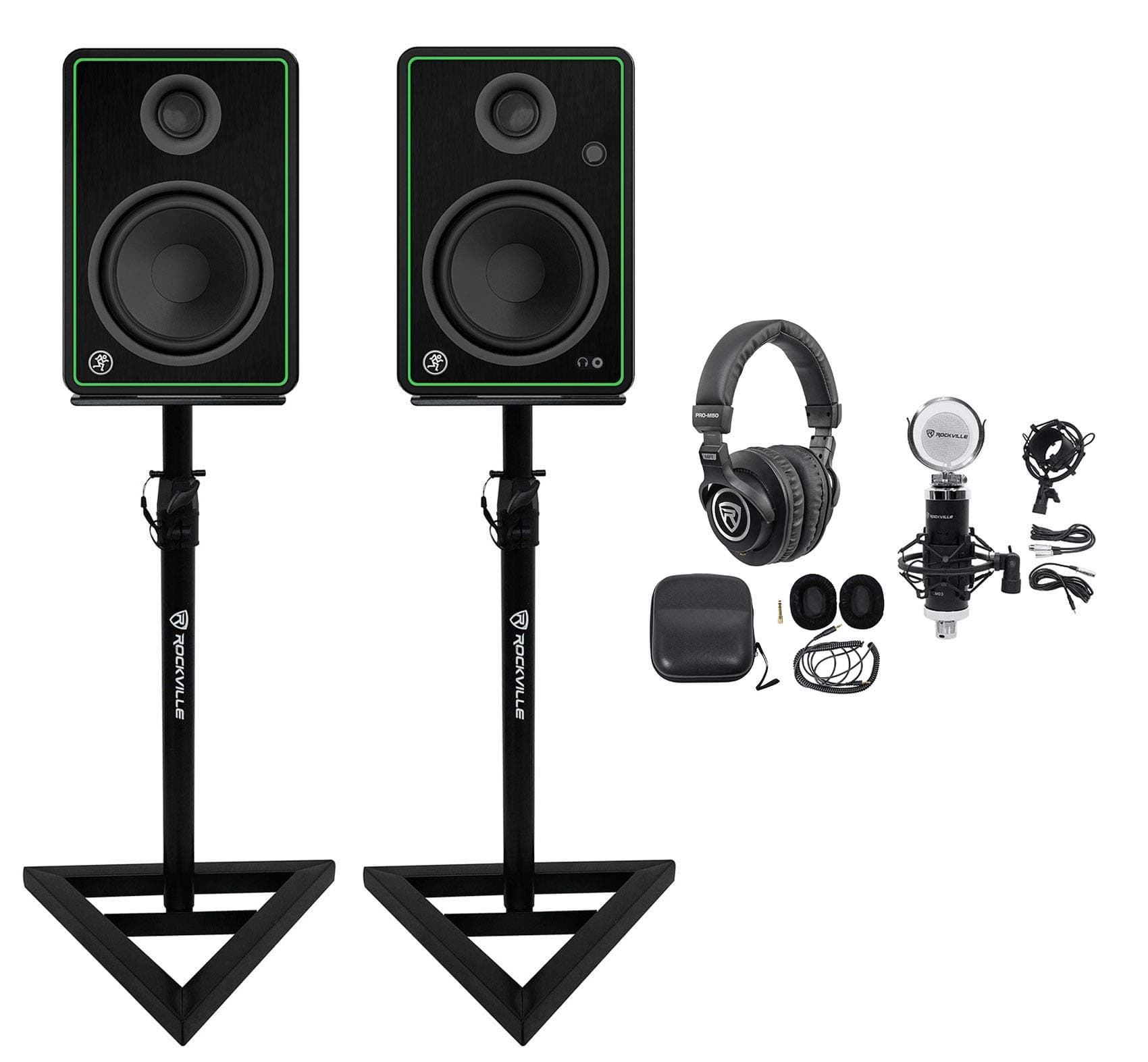 (2) Mackie CR5-X 80w Monitors Speakers Bundle with Rockville PRO-M50 Studio Headphones, RCM03 Pro Recording Condenser Mic and RVSM1 Pair of Monitor...