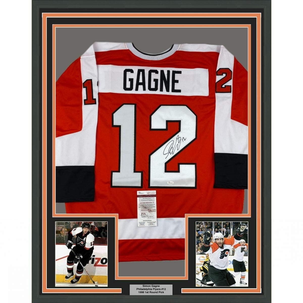 Framed Autographed/Signed Simon Gagne 33x42 Philadelphia Orange Hockey Jersey JSA COA