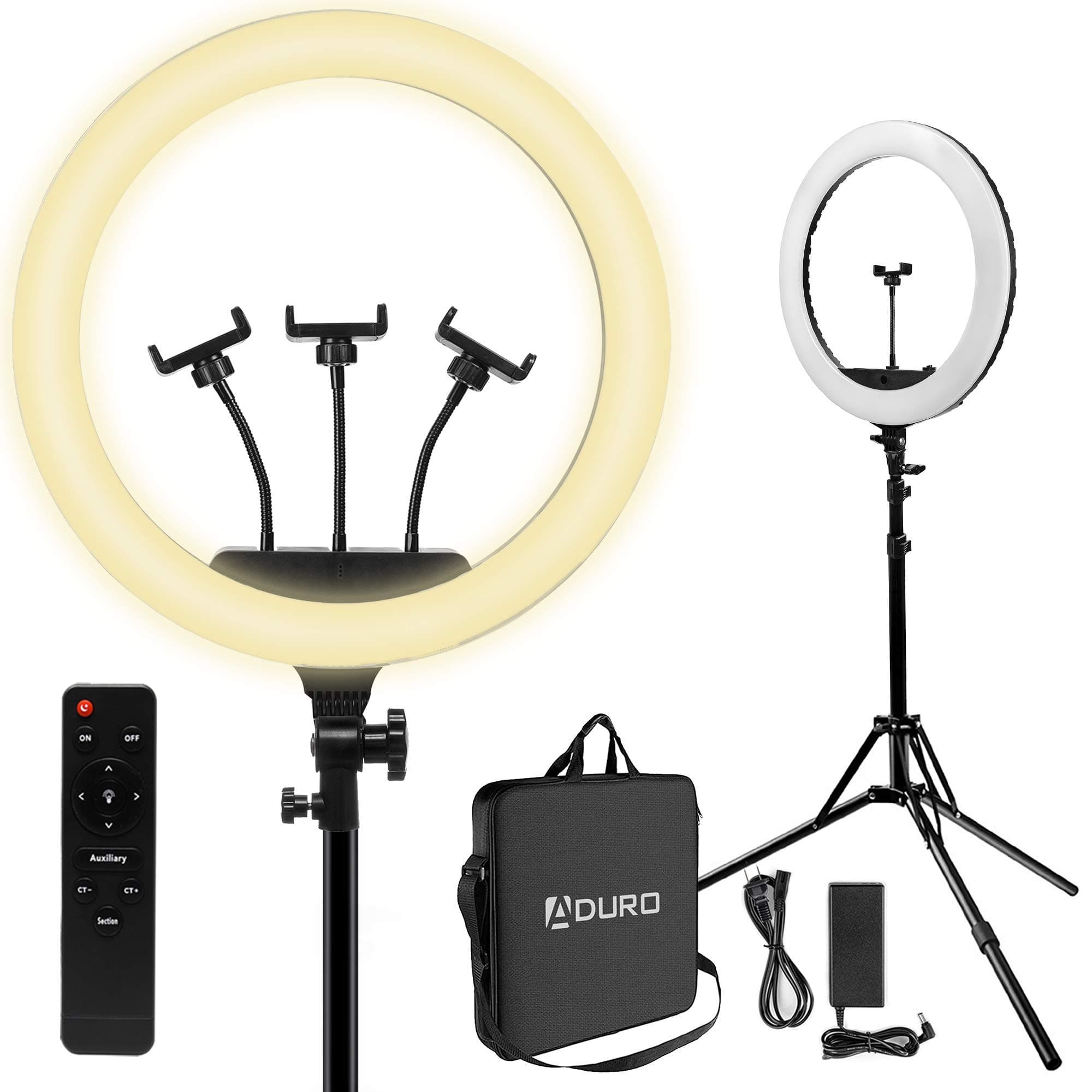 Aduro U-Stream 18" Inch Ring Light Tripod Stand Tall Ringlight with 3 Phone Holders for Vlog Live Stream Videos Makeup YouTube Video Beauty Rin...