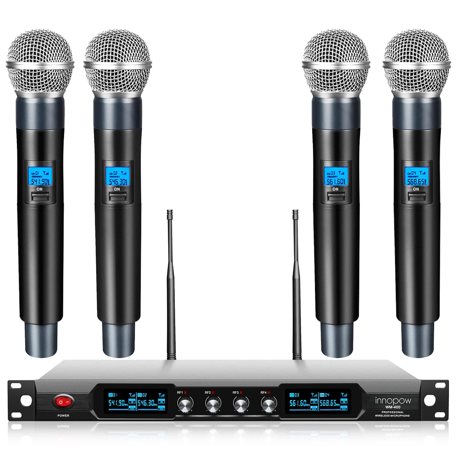 innopow 4-Channel Wireless Microphone System, Quad UHF Metal Cordless Mic, 4 Handheld Mics, Long Distance150-200Ft, Fixed Frequency, 16 Hours Use f...