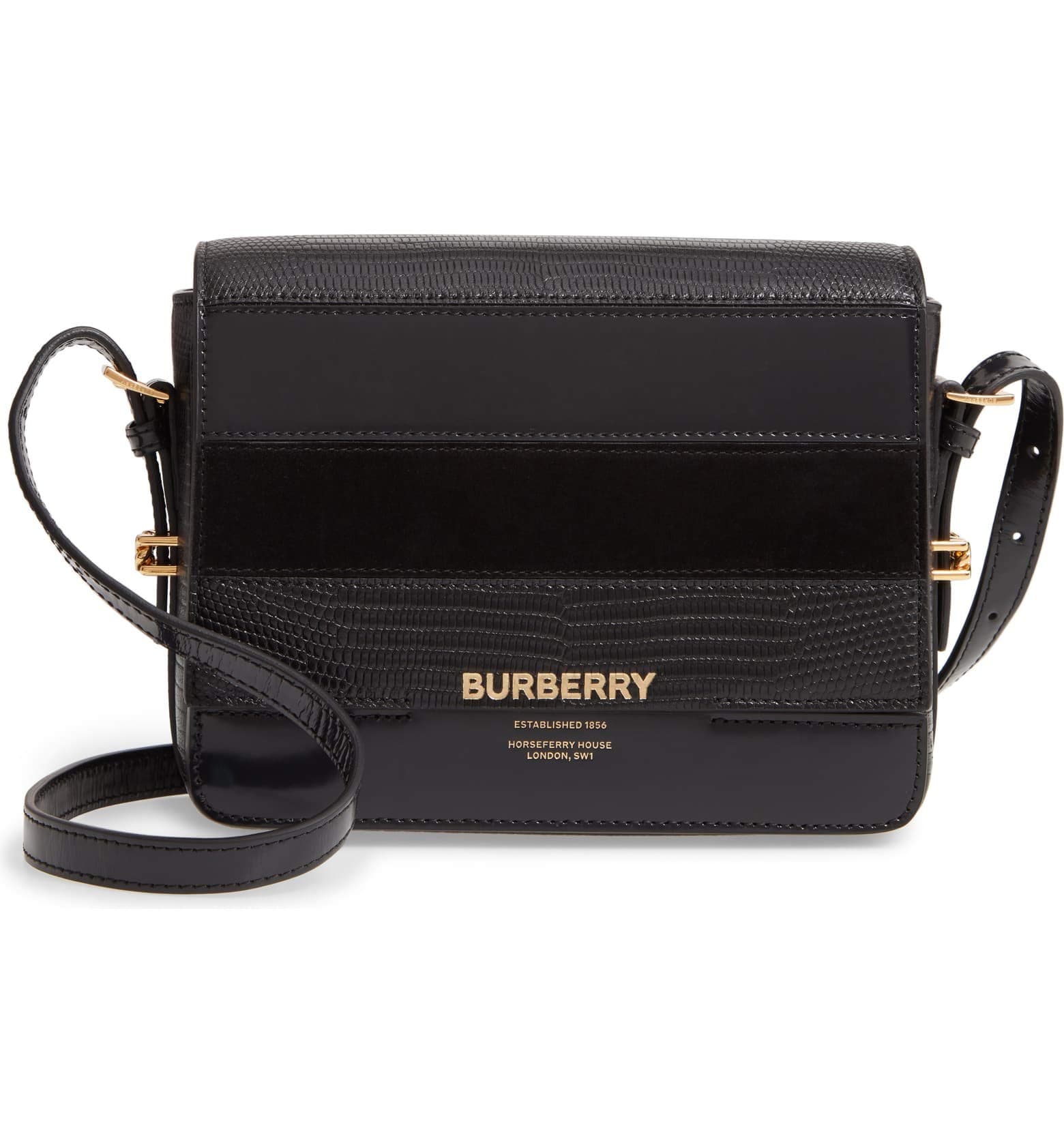 Burberry Small Grace BLACK Stripe Leather Strap Handbag Bag Black Purse Italy NW