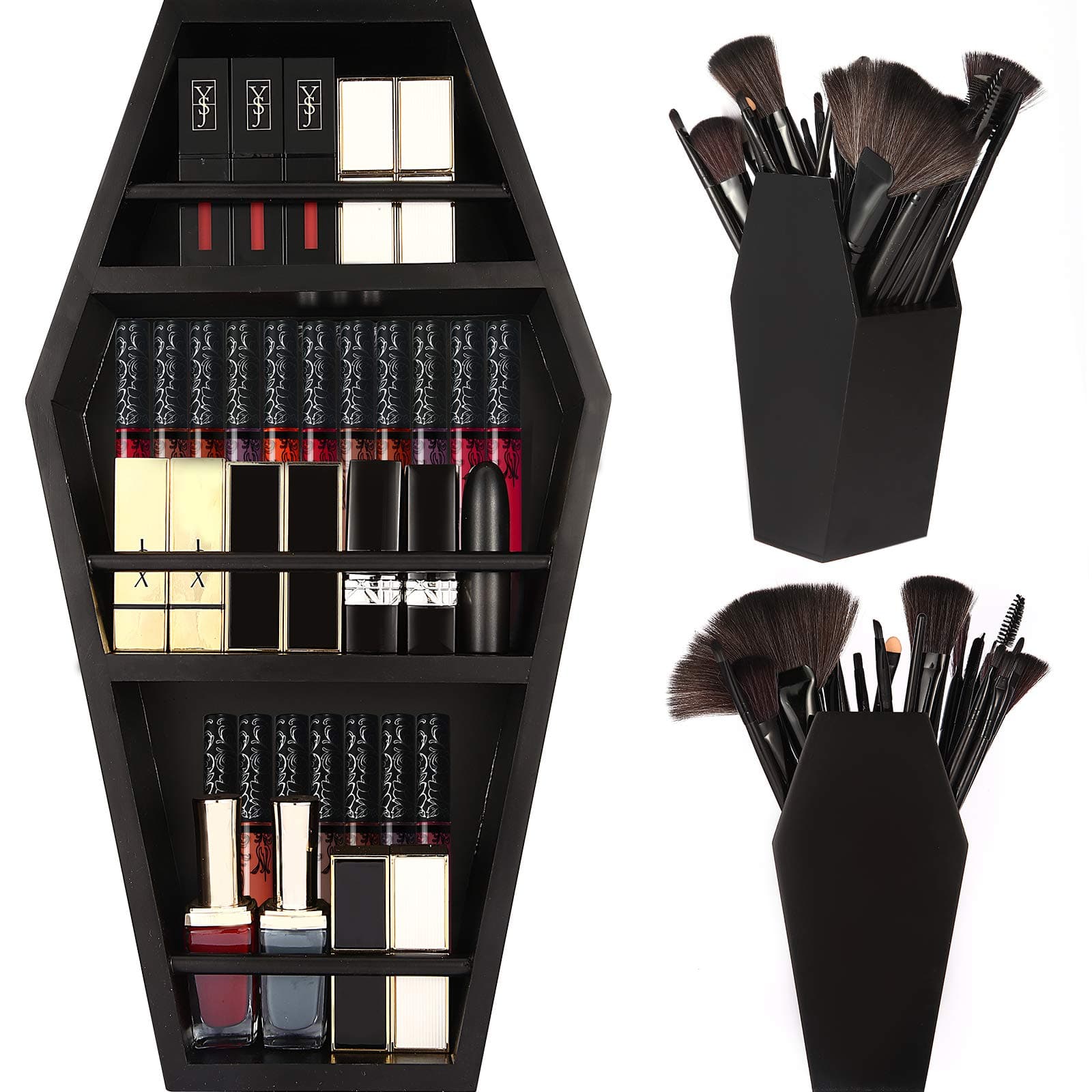 nanayo Makeup Coffin Shelf And Coffin Brush Holder – 3 Shelf Coffin Makeup Holder for Gothic Decor – Free Standing or Wall Hanging Makeup Organizer...