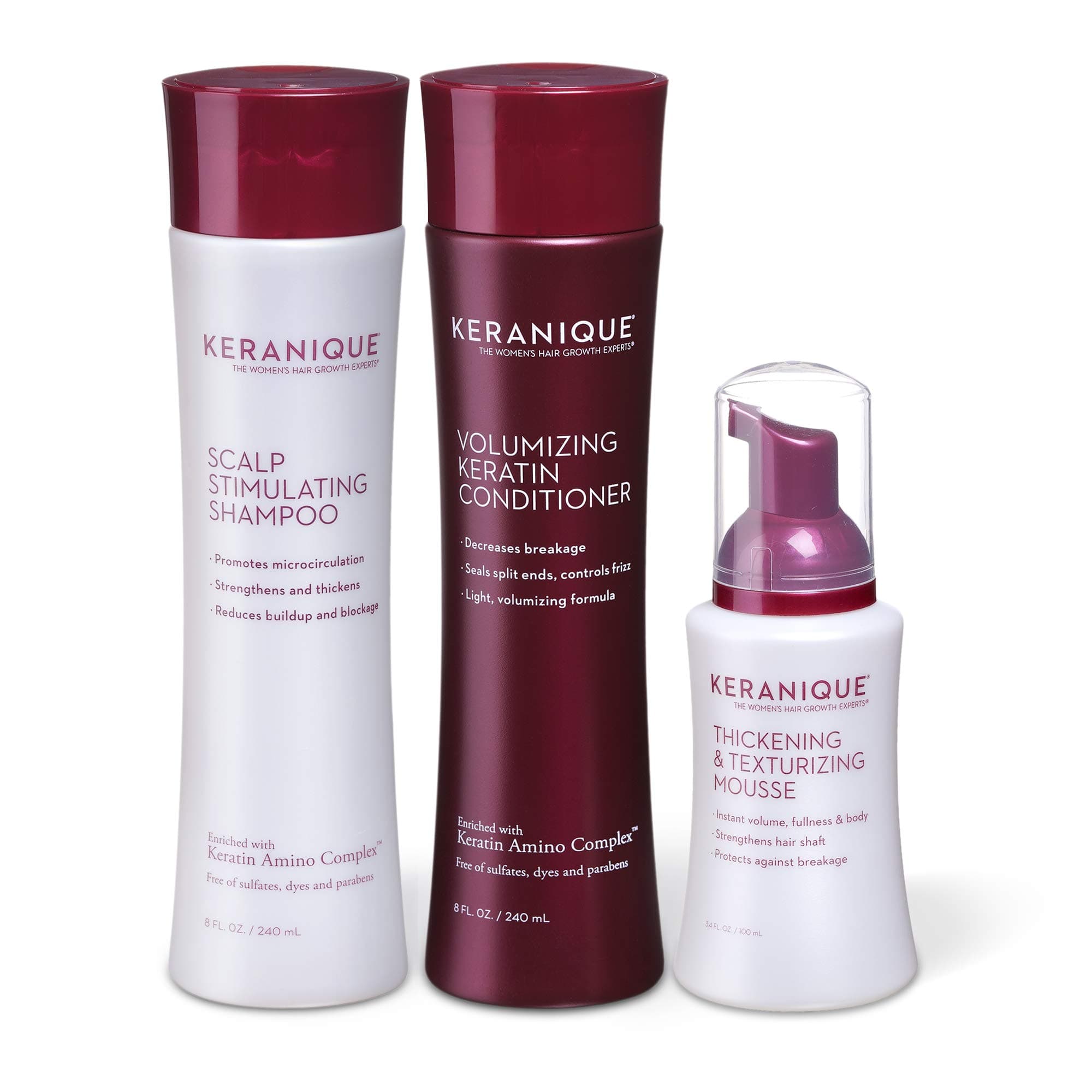 Keranique 60 Day Hair Thickening Kit | Shampoo, Conditioner, and Texturizing Mousse | Free of Sulfates, Dyes and Parabens | Improves Hair Texture |...