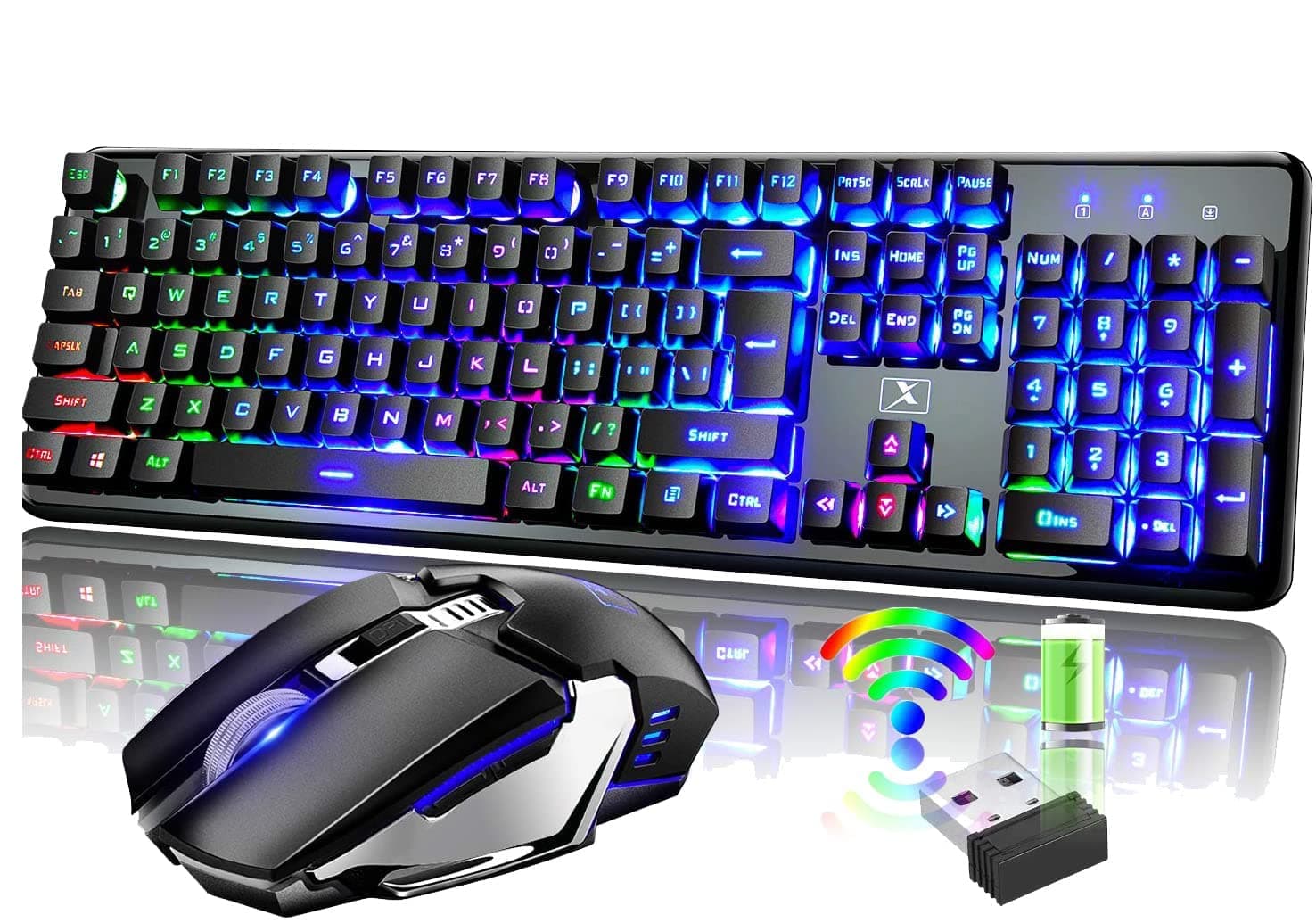 Rechargeable Keyboard and Mouse,Suspended Keycap Mechanical Feel Backlit Gaming Keyboard Mice Combo,Wireless 2.4G Drive Free,Adjustable Breathing L...