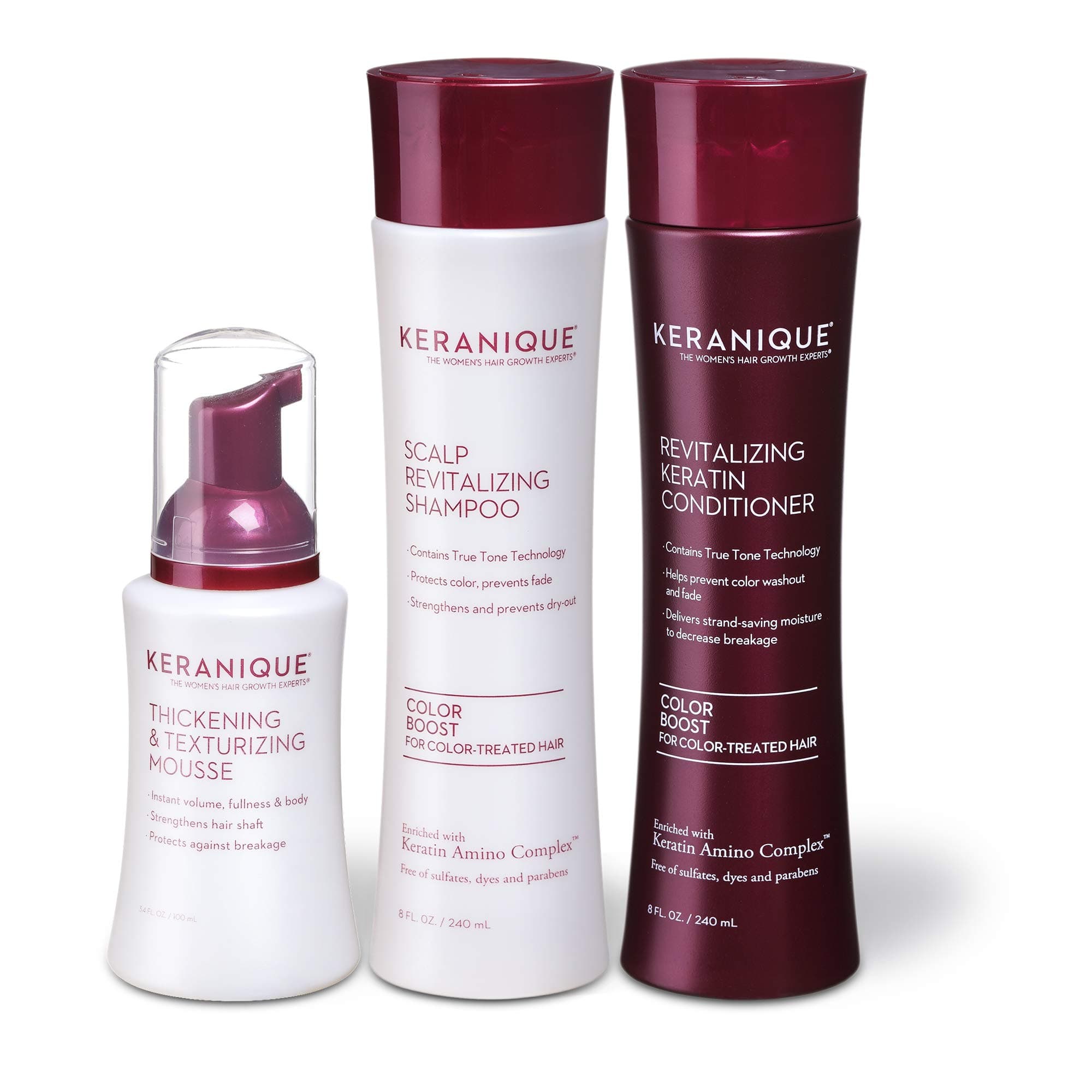 Keranique Hair Thicker Stronger Hair 60 Days System with Keratin Shampoo, Conditioner and Texturizing Mousse for Damaged Thinning Hair, Paraben/Sul...