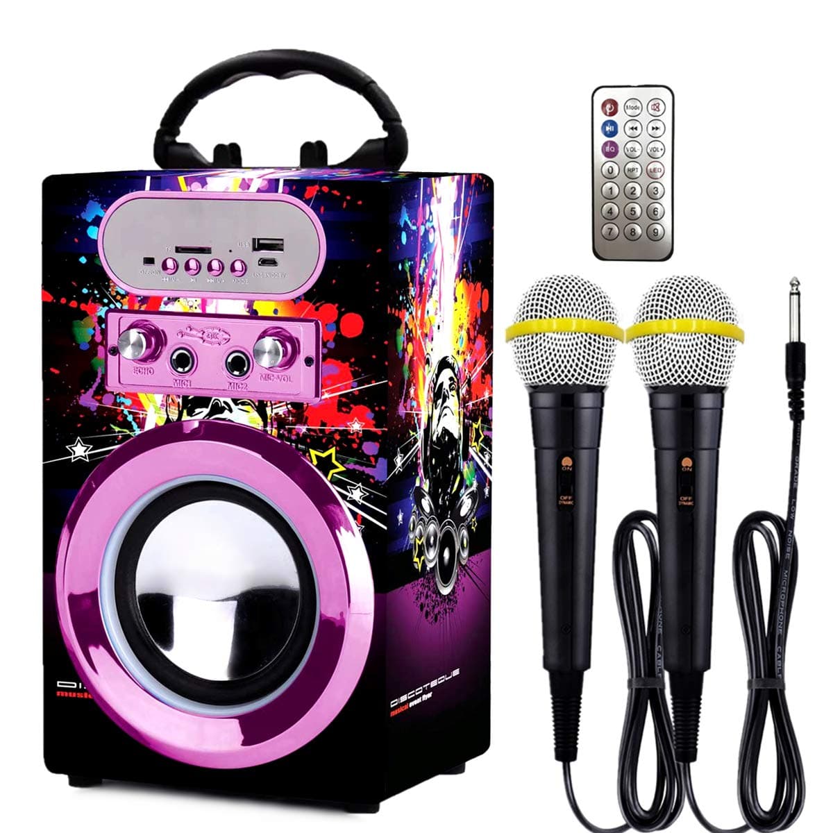 Kidsonor Kids Bluetooth Karaoke Machine with 2 Microphones, Wireless Rechargeable Remote Control Portable Karaoke Speaker Music MP3 Player Loudspea...