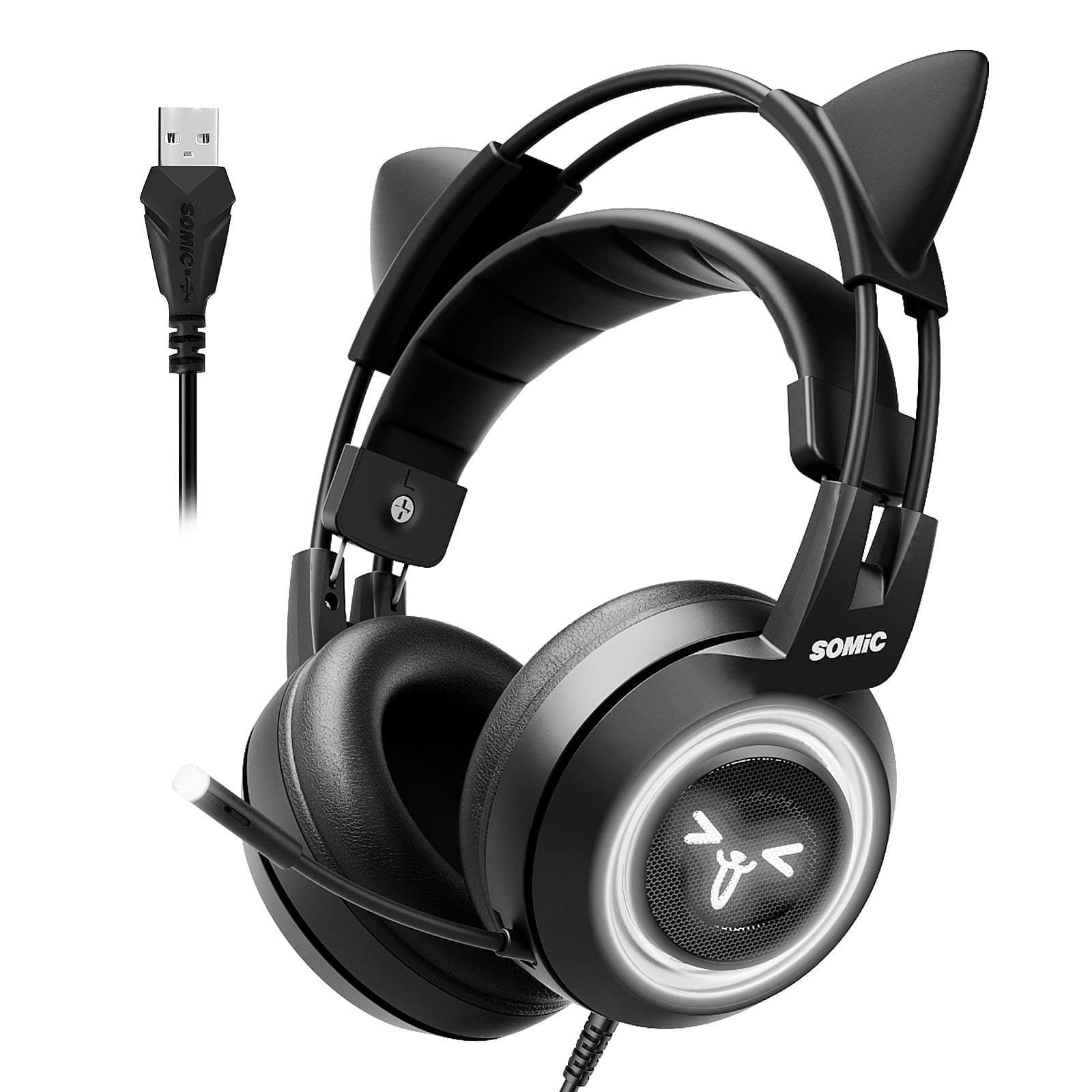 SOMIC G951black Gaming Headset for PC, PS4, Laptop: 7.1 Virtual Surround Sound Detachable Cat Ear Headphones LED, USB, Lightweight Self-Adjusting O...