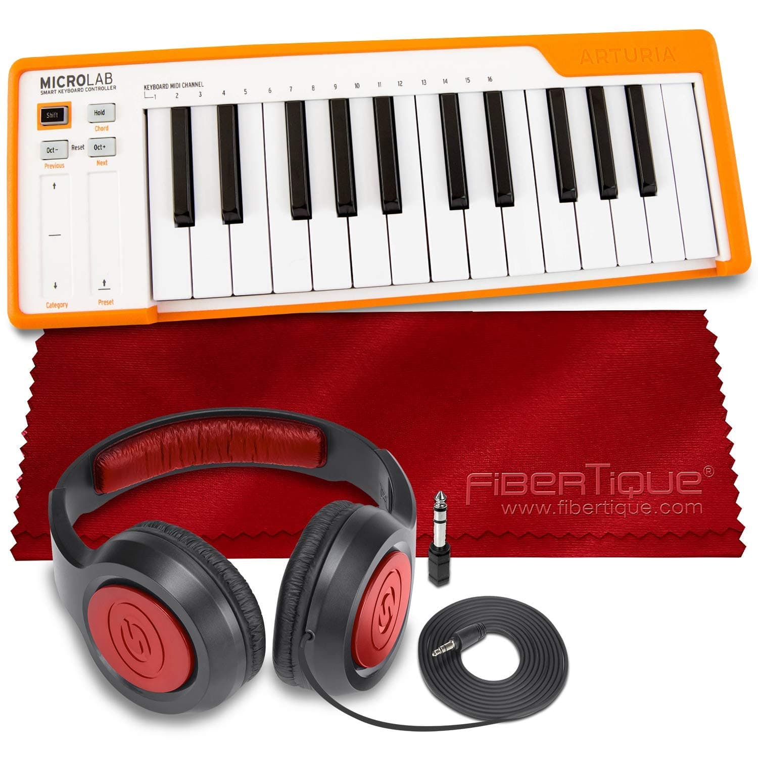 Arturia MicroLab Compact 25-Key USB-MIDI Controller (Orange) + SR360 Over-Ear Dynamic Stereo Headphones & Fibertique Microfiber Cleaning Cloth