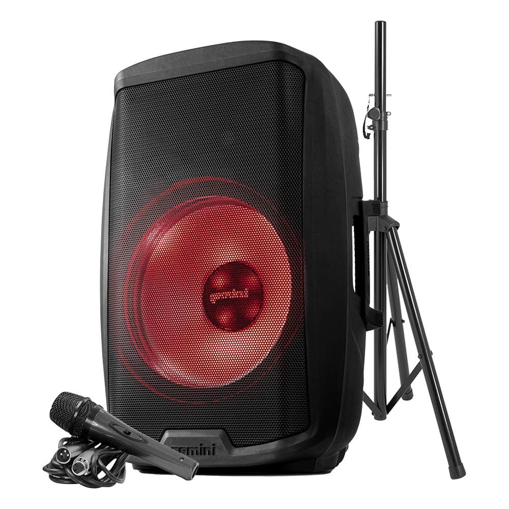 Gemini Sound AS-2115BT-LT-PK 2000W Watts Bluetooth Active DJ Monitor PA Speaker System with LED Light Show 15" Inch Woofer Stand and Mic, 2 Cha...