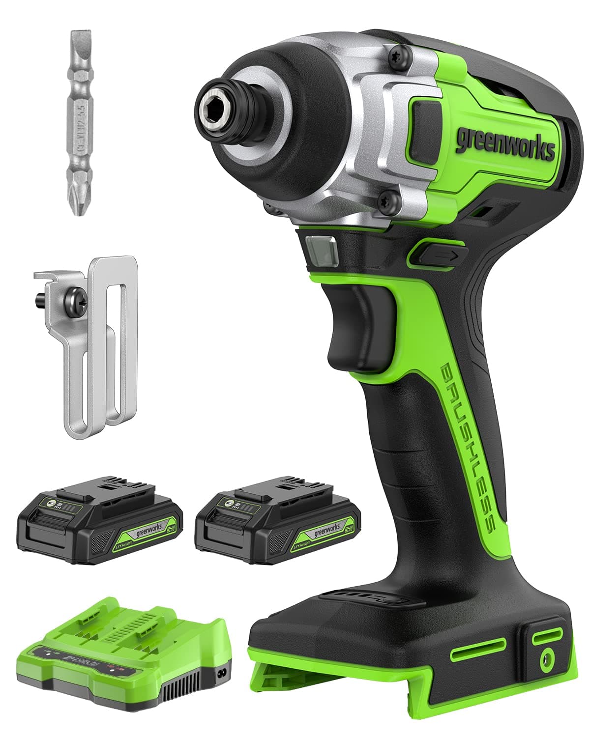 Greenworks 24V Brushless Cordless Impact Driver Kit, 2650 in./lbs Torque 1/4-inch Hex, Variable Speed Impact Drill/Driver Set, Included Power Bank,...