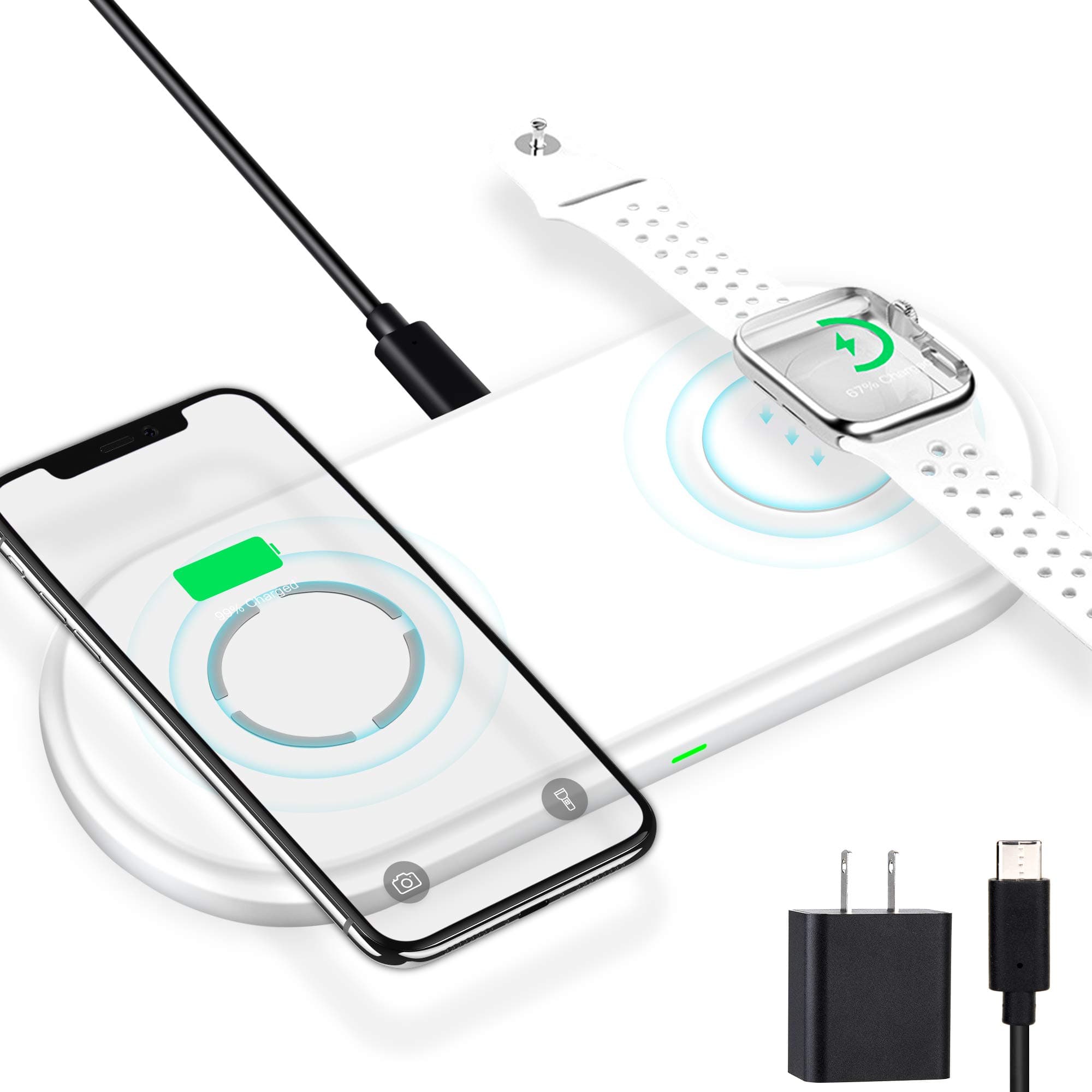 MFi Certified 2-in-1 Wireless-Charger-for-Watch-iPhone Airpods 10W Fast Qi Wireless-Charging-Mat iWatch Charger Pad Station for iPhone 13/13 Pro/12...