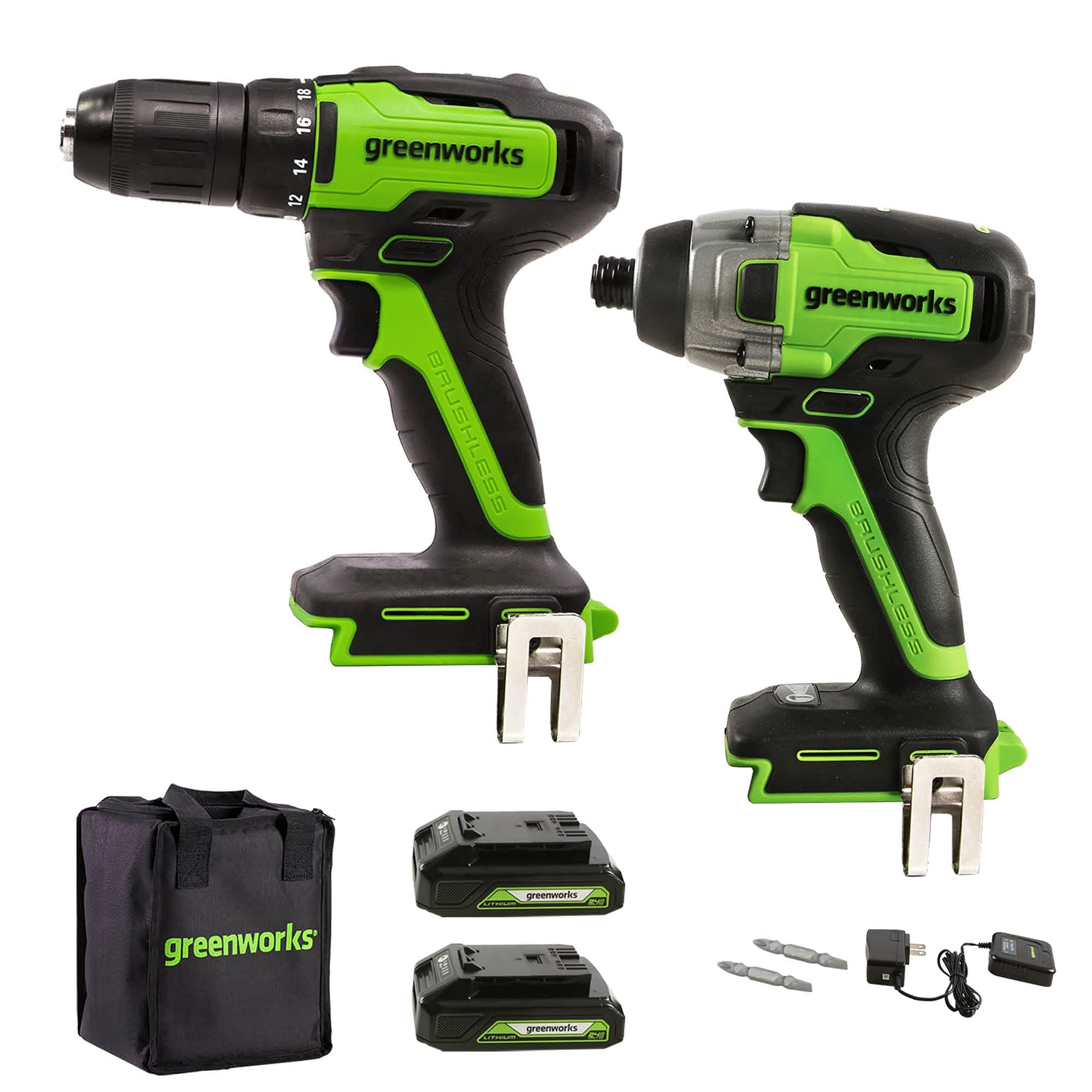 Greenworks 24V Brushless Drill / Impact Driver Combo Kit, (2) 1.5Ah USB (Power Bank) Batteries and Charger Included LED Light, 2pcs Driving Bits wi...