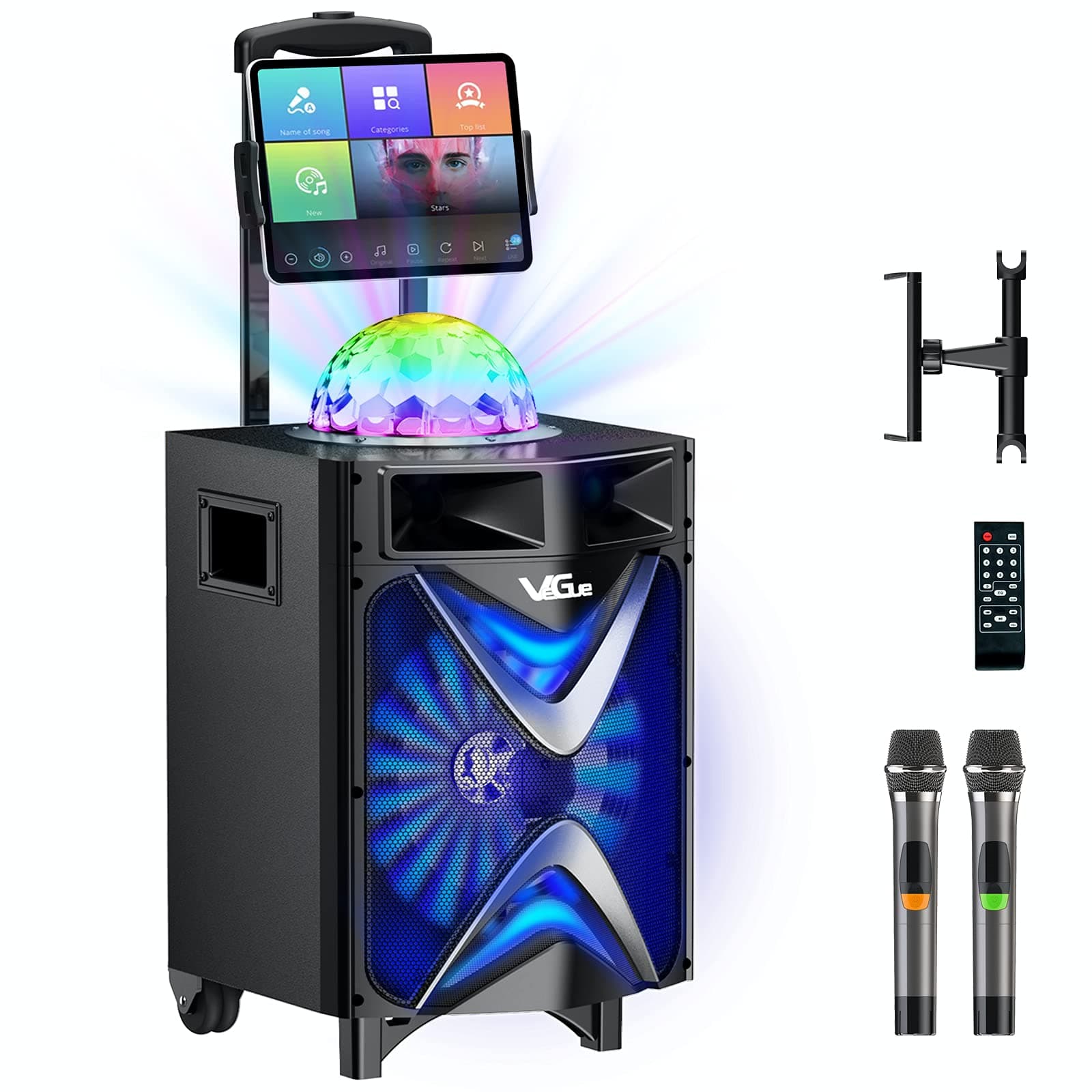 Karaoke Machine for Adults & Kids, VeGue Bluetooth PA Speaker System with 2 Wireless Microphones, Disco Ball, 10'' Subwoofer, Karaoke Singi...