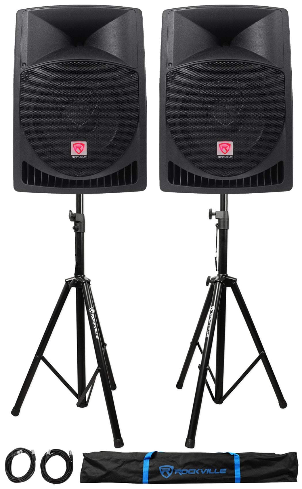 Pair Rockville RPG12 12" 1600w Powered PA/DJ Speakers + 2 Stands + 2 Cables+Bag