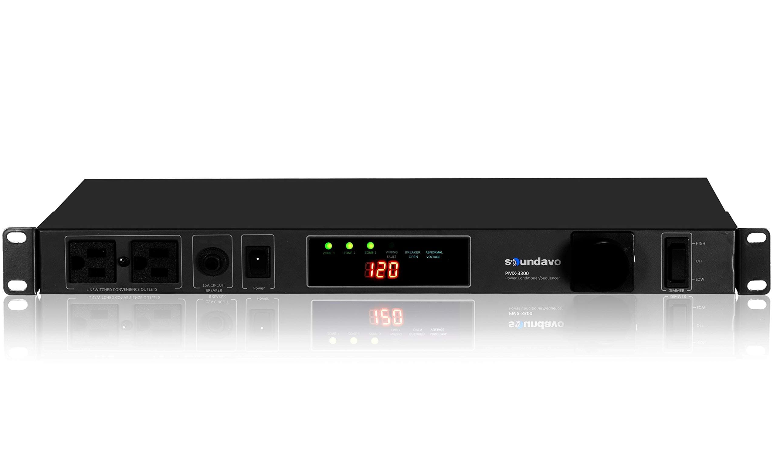 Soundavo PMX-3300 Power Conditioner and Surge Sequencer 10 Protected Outlets and 3 Zones 15A with LED Voltmeter Display & Pullout Light