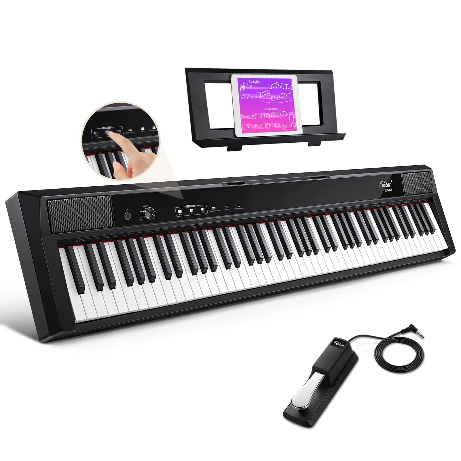 Eastar EP-120 88-Key Weighted Keyboard Piano with Touch-sensitive screen, Portable Digital Piano with Sustain Pedal, Power Supply for Beginner