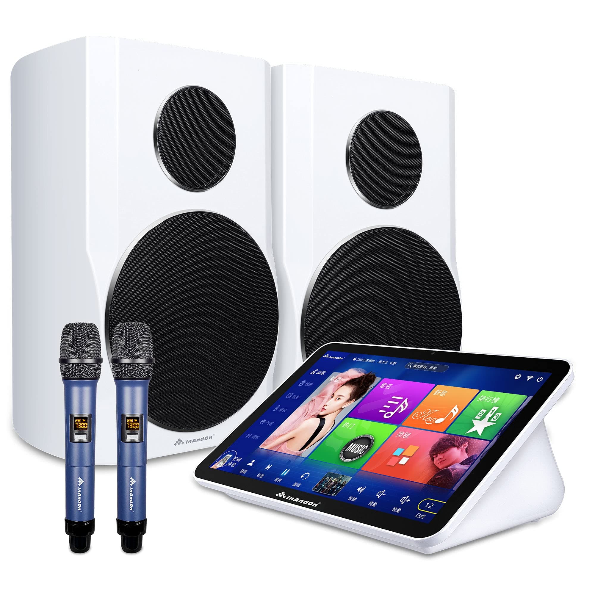 Karaoke System, Inandon One-piece Singing Machine 15.6 inch Capacitive Touch Screen with Power Amplifier, Speaker and Wireless Microphones Professi...