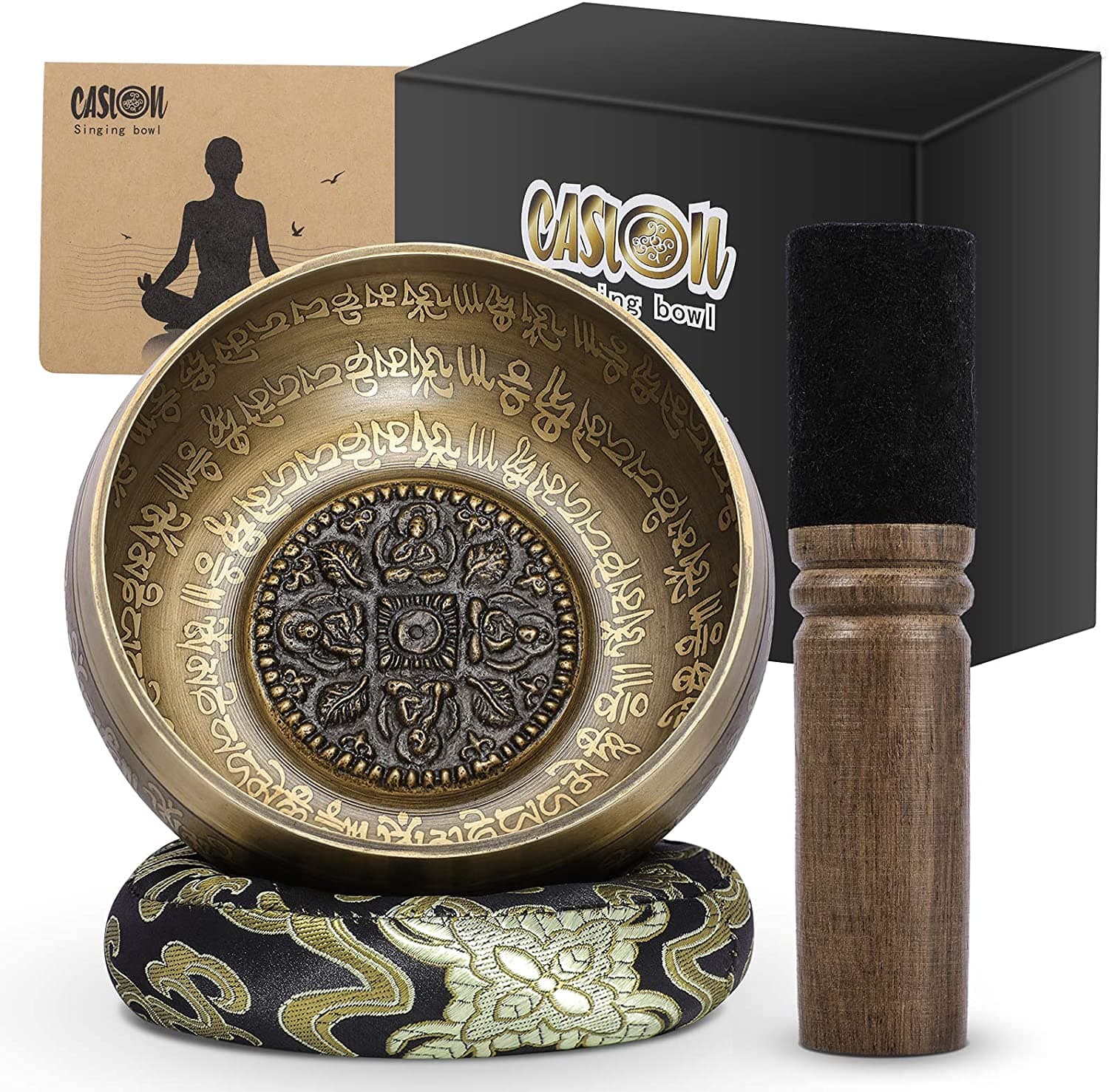 Tibetan Singing Bowl Set, Antique Bronze Mantra Engravings Singing Bowl Meditation Sound Bowl Set With Dual Surface Mallet & Silk Cushion, Promotes...