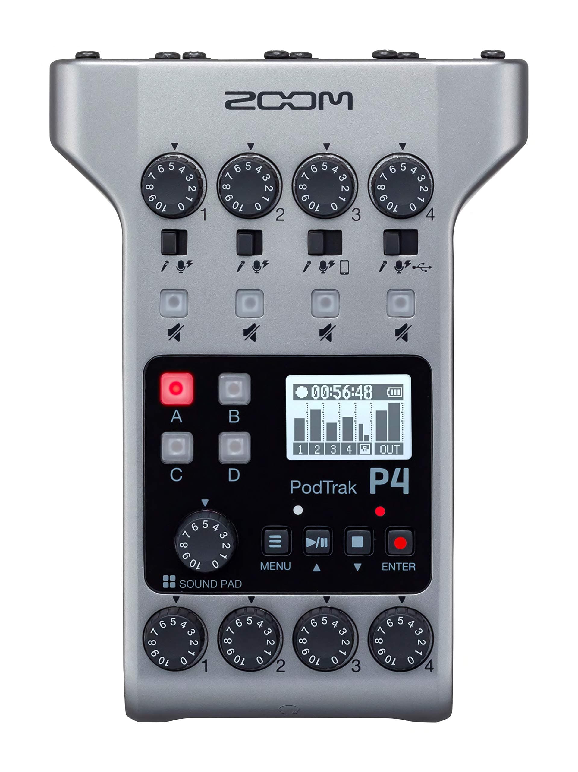 Zoom PodTrak P4 Podcast Recorder, Battery Powered, 4 Microphone Inputs, 4 Headphone Outputs, Phone and USB Input for Remote Interviews, Sound Pads,...