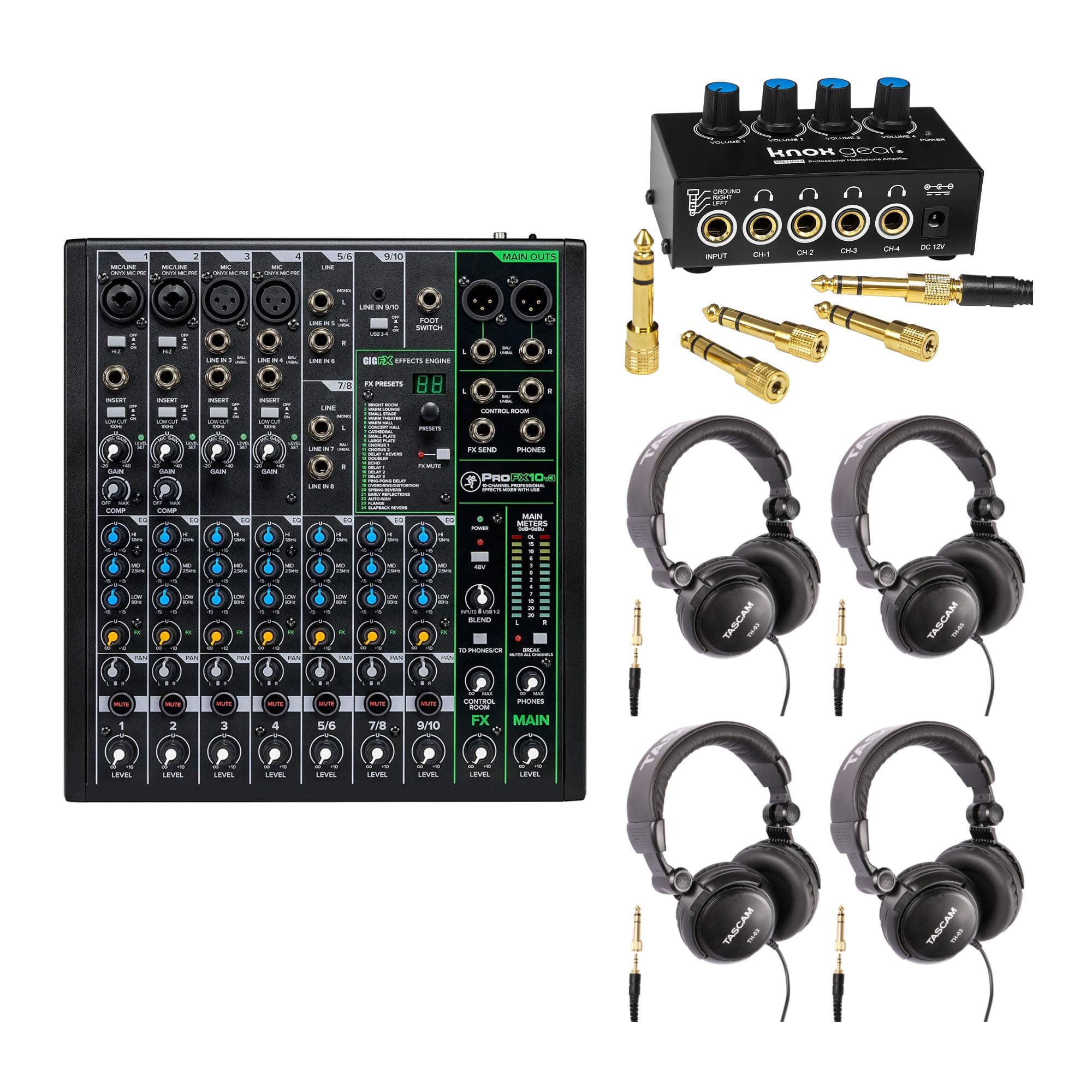Mackie ProFX Series, Mixer - Unpowered, 10-channel (ProFX10v3) with Knox Headphone Amp and 4 Headphones (6 Items)