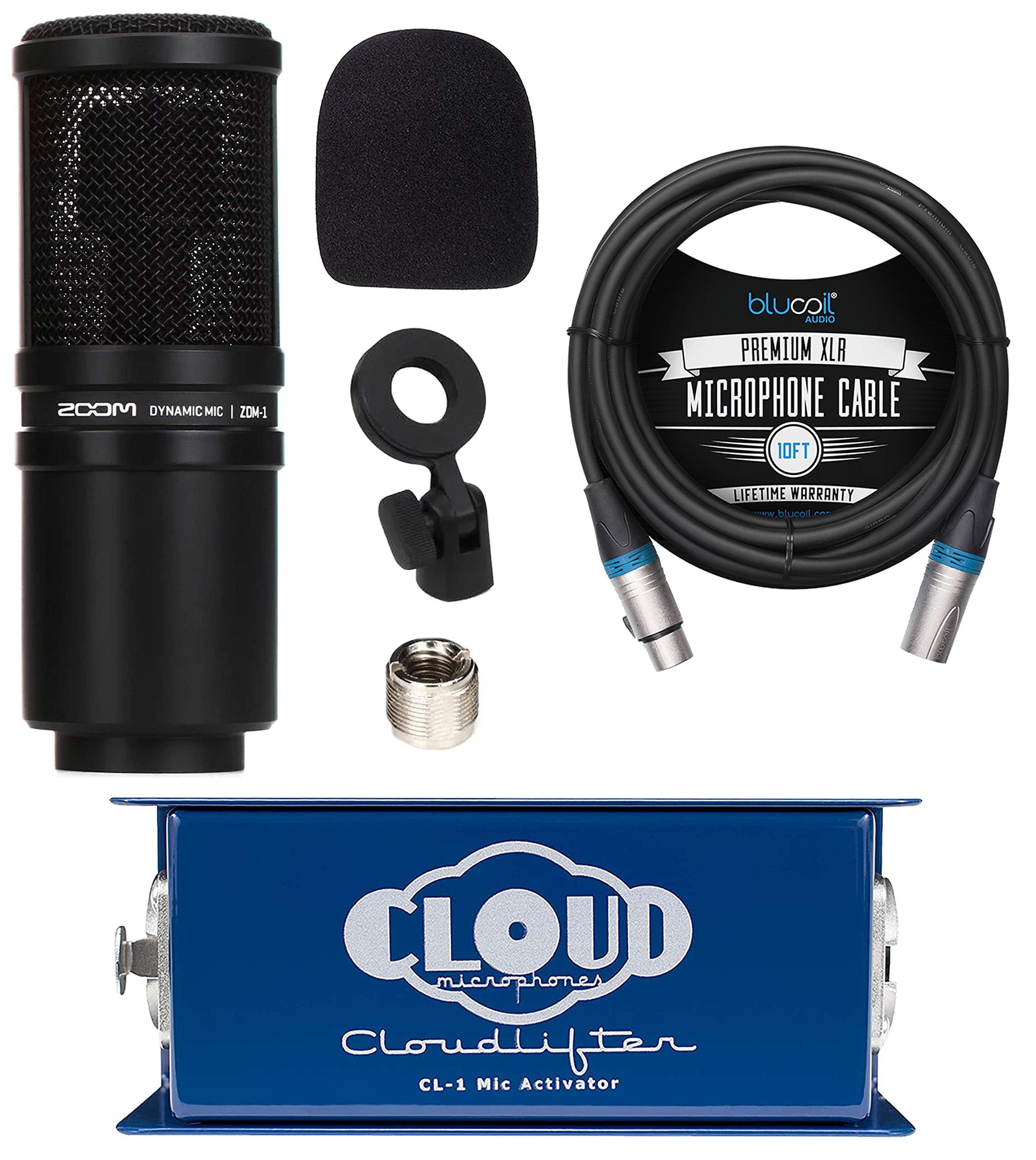 Cloud Microphones Cloudlifter CL-1 Mic Activator Bundle with Zoom ZDM-1 Dynamic Microphone for Podcasts/Broadcasts/Music Recording, and Blucoil 10-...