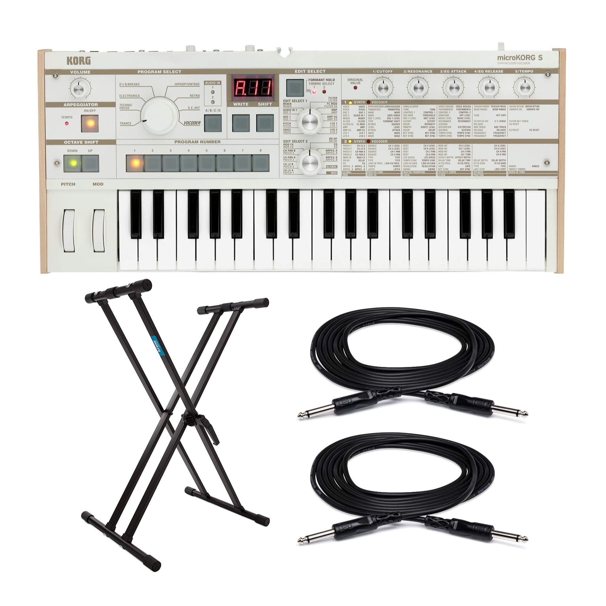 Korg microKORG S Synthesizer/Vocoder Bundle with Knox Gear Keyboard Stand & 10ft. 1/4" TS to 1/4" TS Interconnect Cables (4 Items)