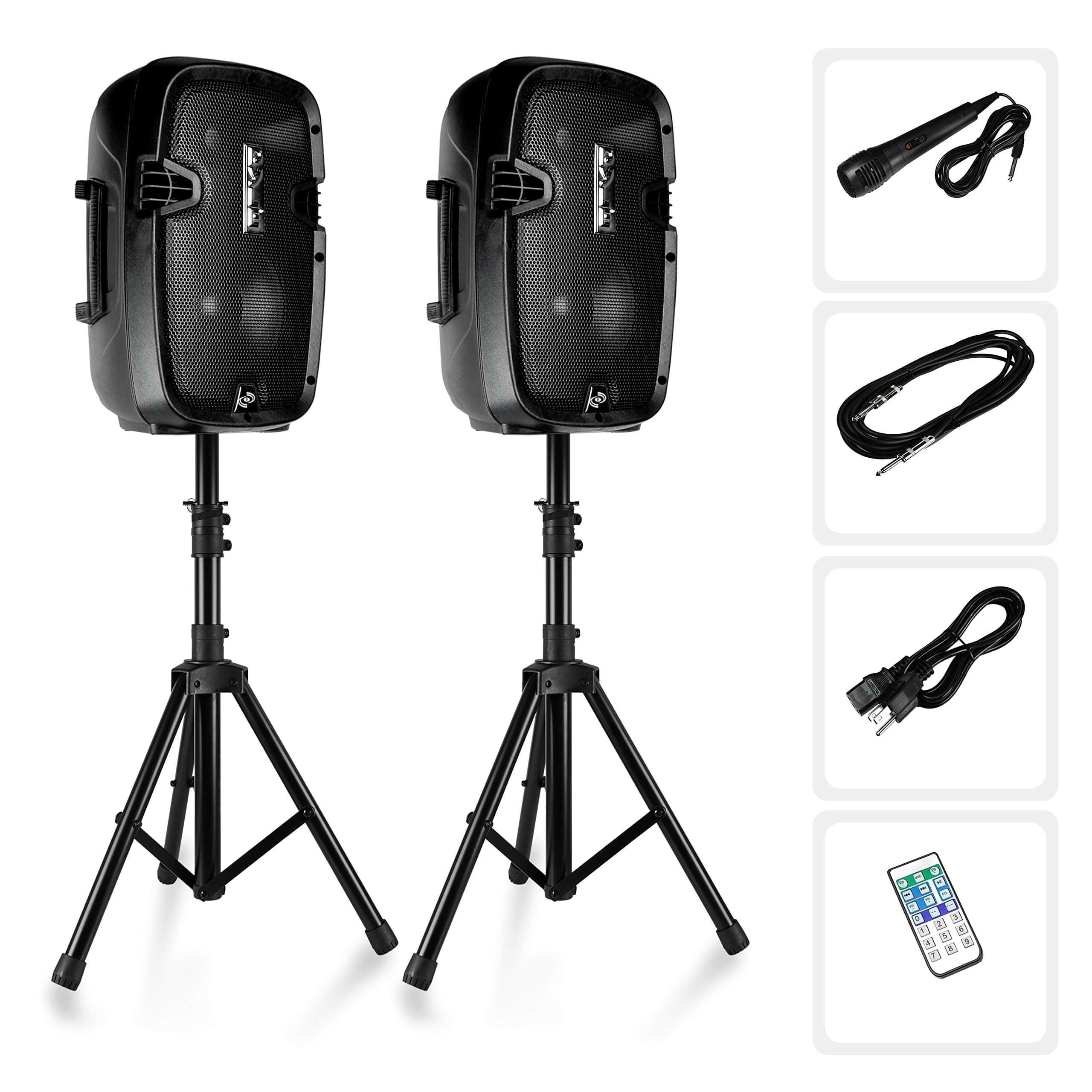 Powered PA Speaker System Active & Passive Bluetooth Loudspeakers Kit with 8 Inch Speakers, Wired Microphone, MP3/USB/SD/AUX Readers, Speaker Stand...