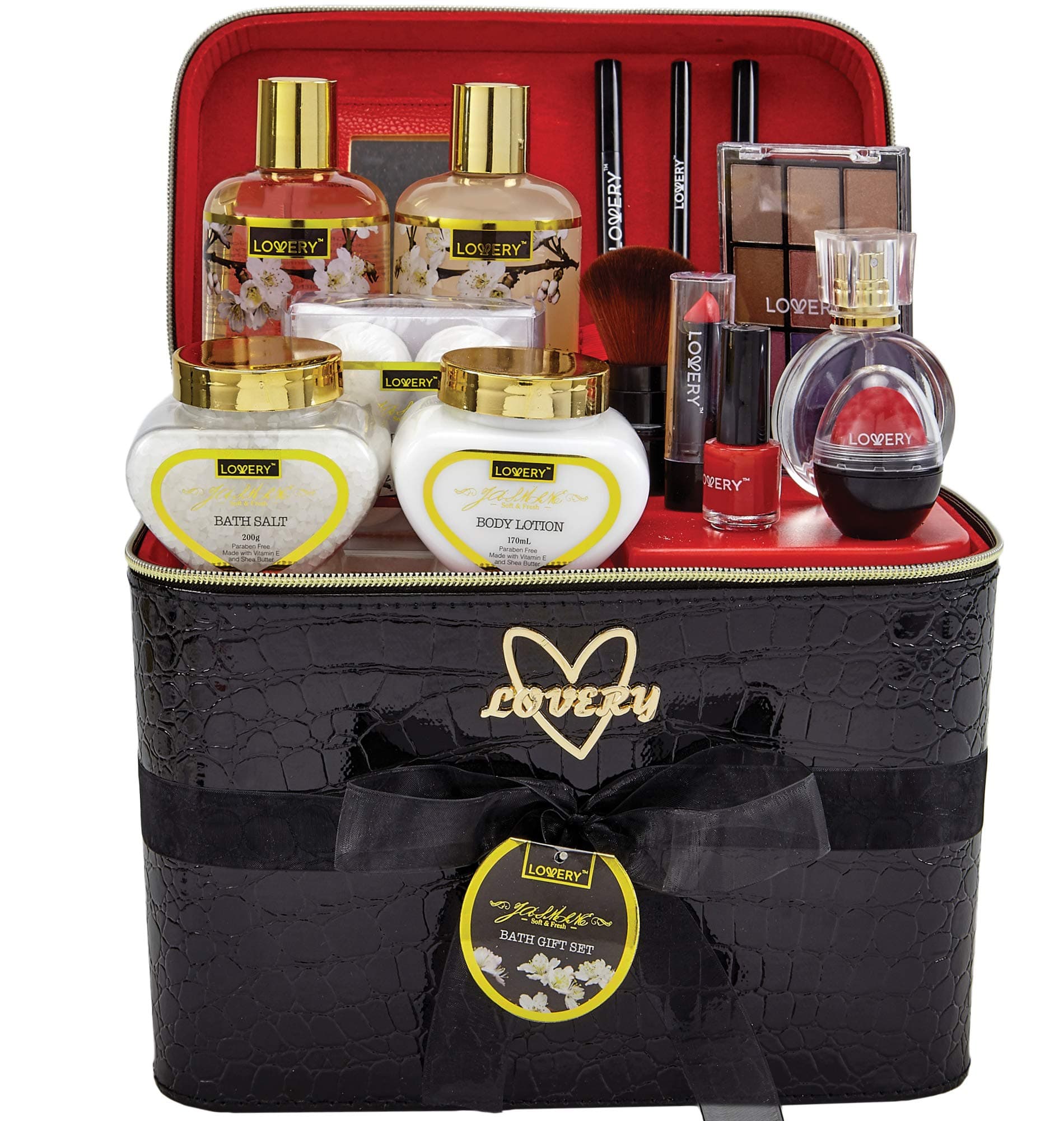 Premium Bath and Body Gift Basket For Women – 30 Piece Set, Jasmine Home Spa & Makeup Set, Includes Cosmetic Pencils, Lip Balm, Lotions, Perfume, B...