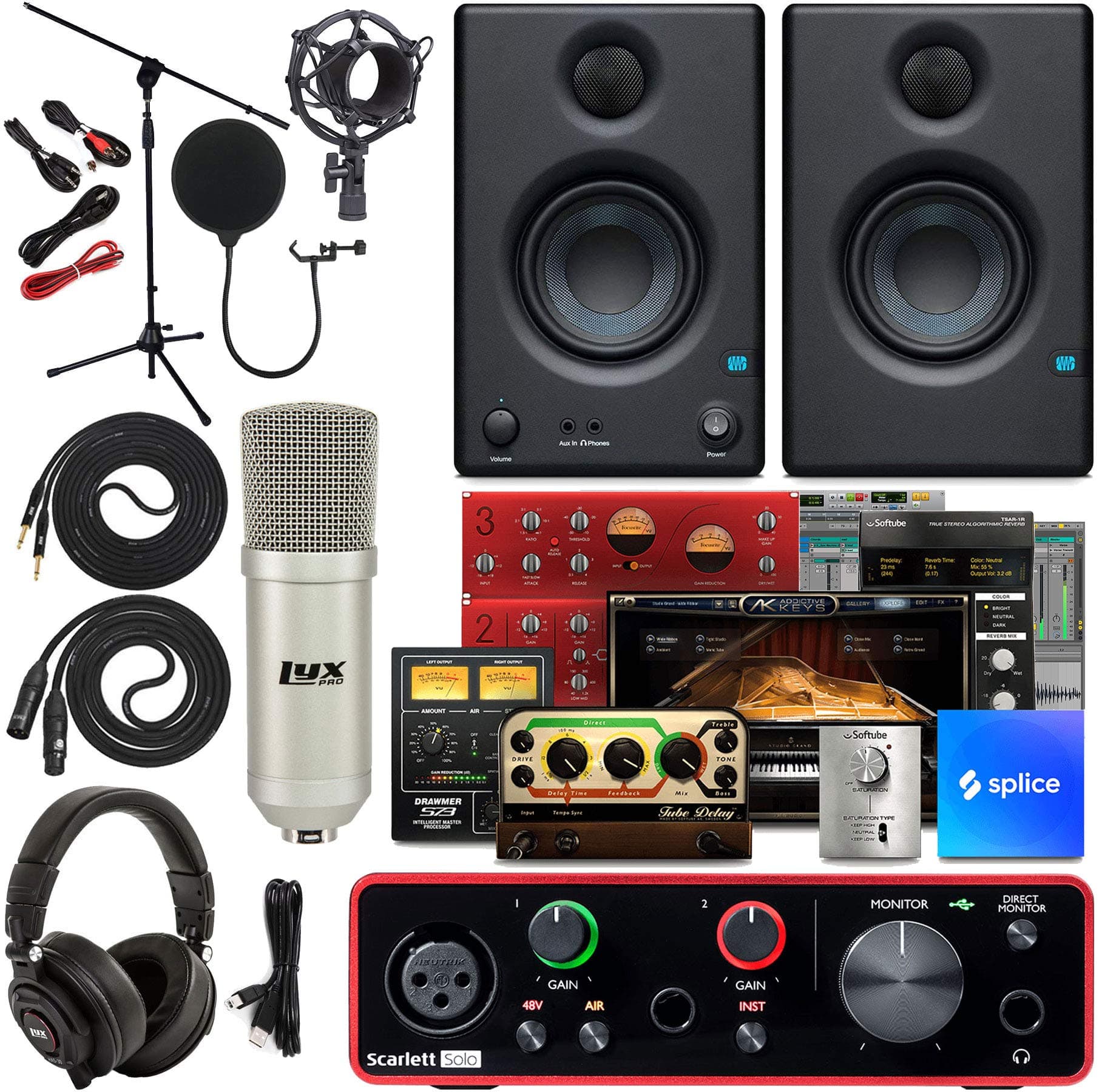 Focusrite Scarlett Solo 2x2 USB Audio Interface Full Studio Bundle with Creative Music Production Software Kit and Eris 4.5 Pair Studio Monitors an...