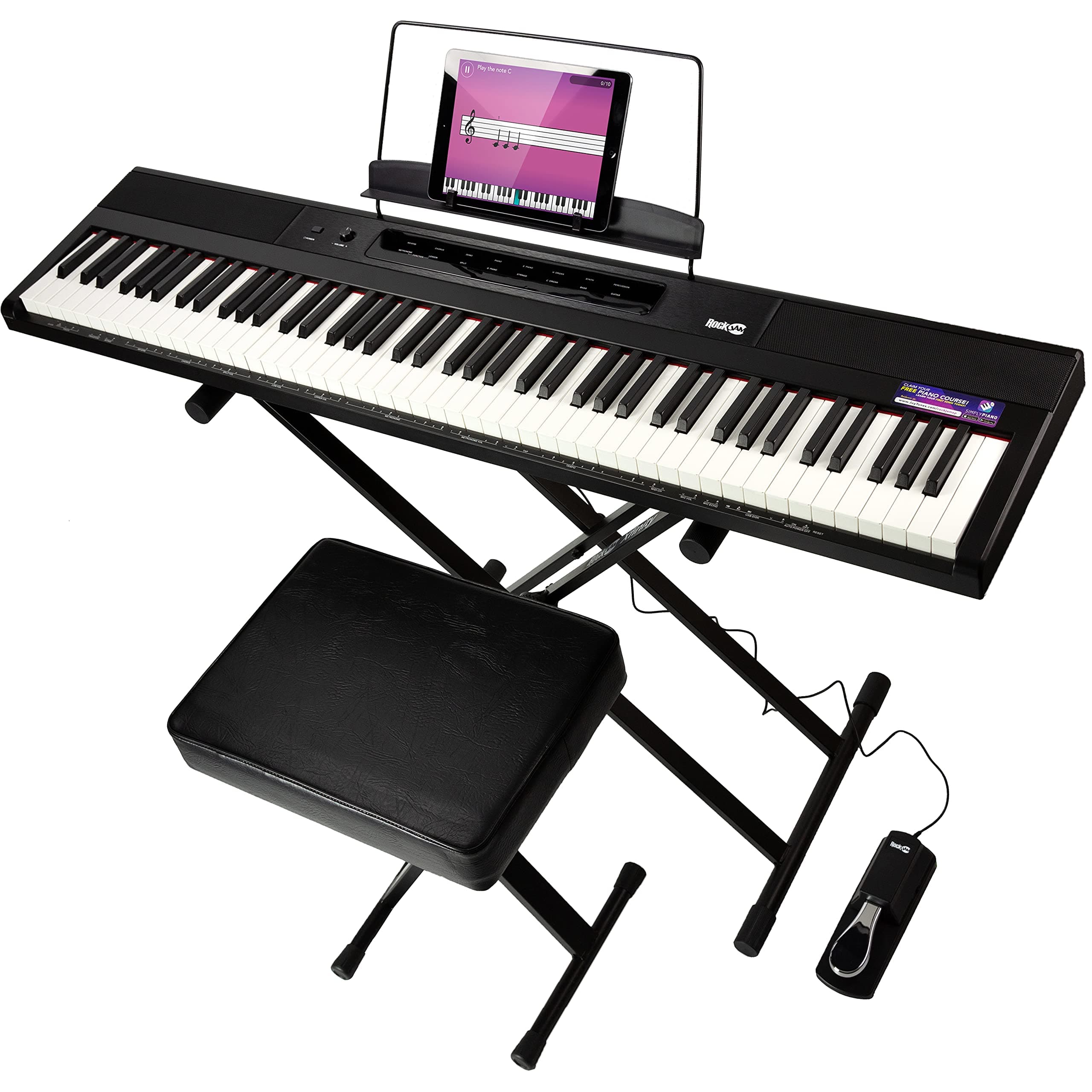 RockJam 88-Key Beginner Digital Piano with Full-Size Semi-Weighted Keys, Power Supply, Keyboard Stand, Keyboard Bench, Sustain Pedal, Simply Piano ...