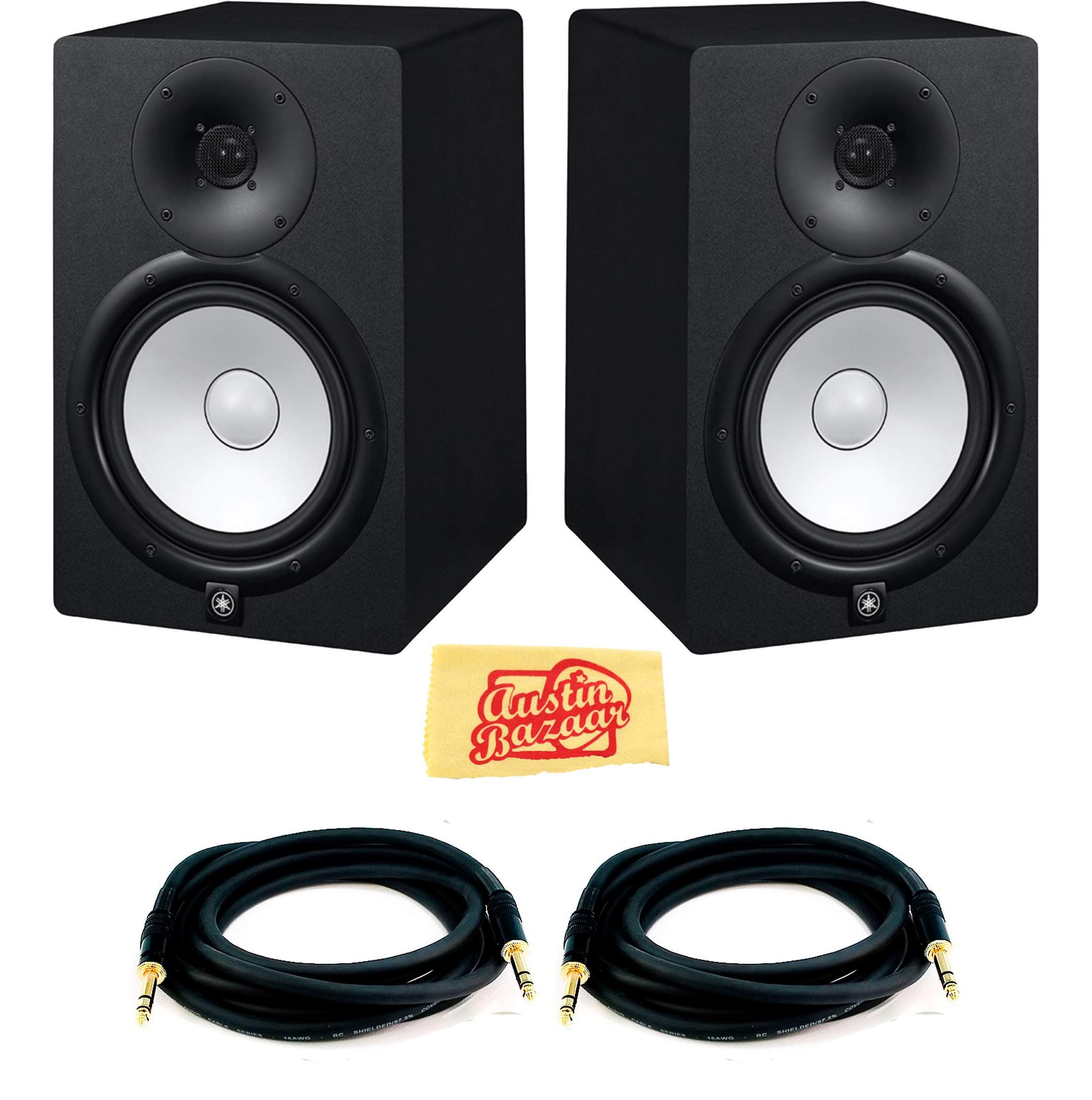 Yamaha HS8 Powered Studio Monitor Pair Bundle with Two Monitors, TRS Cables, and Austin Bazaar Polishing Cloth