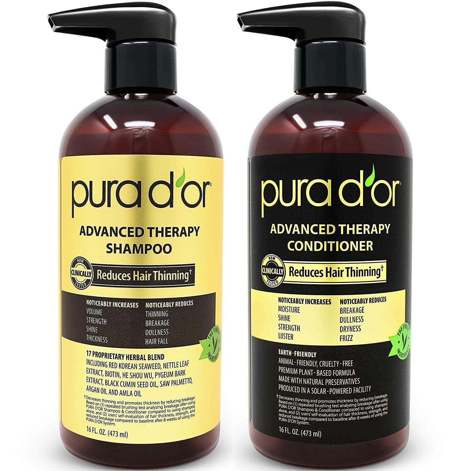 PURA D'OR Advanced Therapy System - Biotin Shampoo & Conditioner Set (16oz x 2) Increases Volume, Strength & Shine, No Sulfates, Argan Oil, Alo...