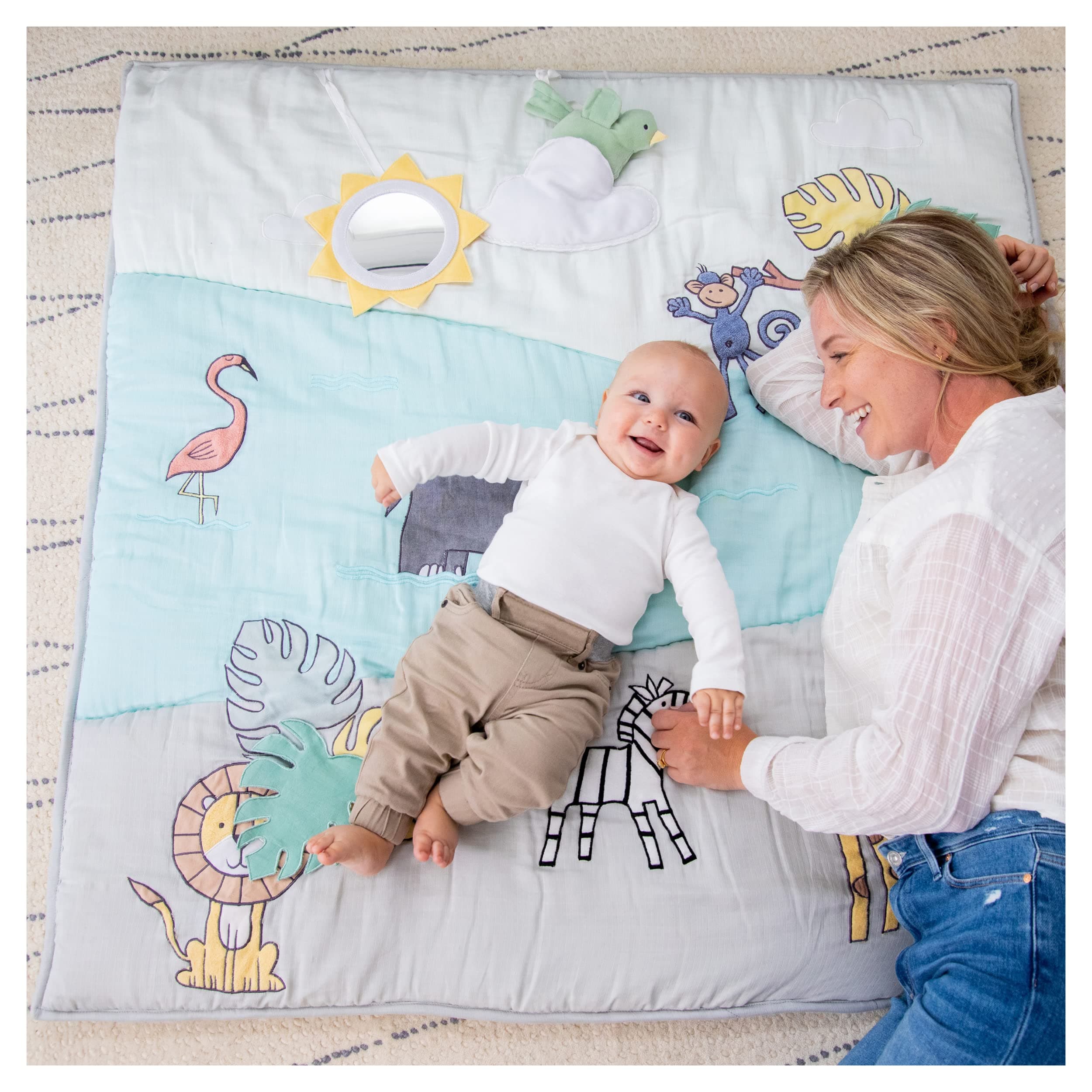 aden + anais Baby Bonding Playmat – Reversible 45” x 45” Cotton Muslin Infant Mat – Foldable Play & Tummy Time Cushion – Sensory Development Toys –...
