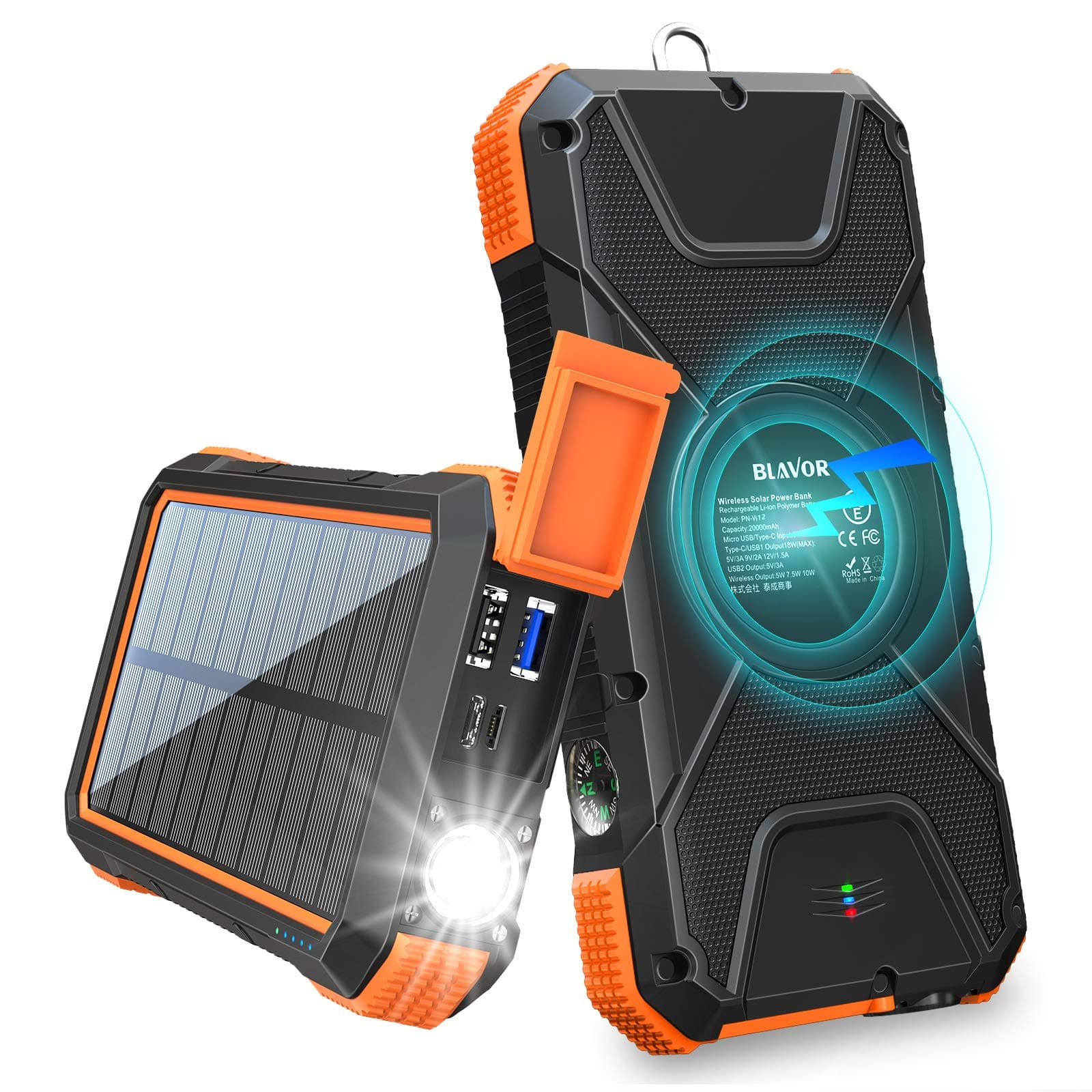 BLAVOR Solar Charger Power Bank 18W, QC 3.0 Portable Wireless Charger 10W/7.5W/5W with 4 Outputs & Dual Inputs, 20000mAh External Battery Pack IPX5...