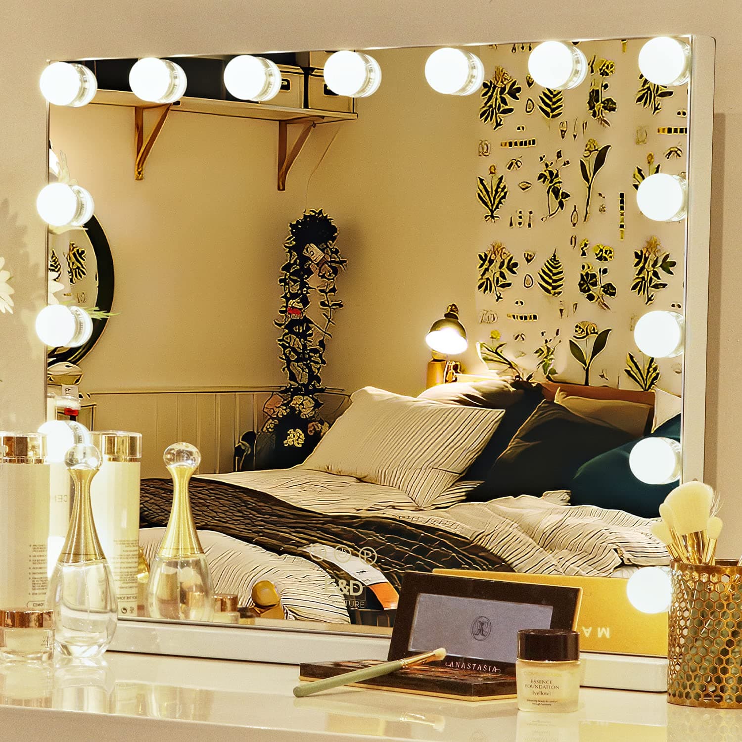 Vanity Mirror with Lights, E&D FURNITURE 2021 Makeup Mirror Lighted Vanity Smart Mirror with Dimmable Bulbs Hollywood Cosmetic Mirror with 15 LED B...