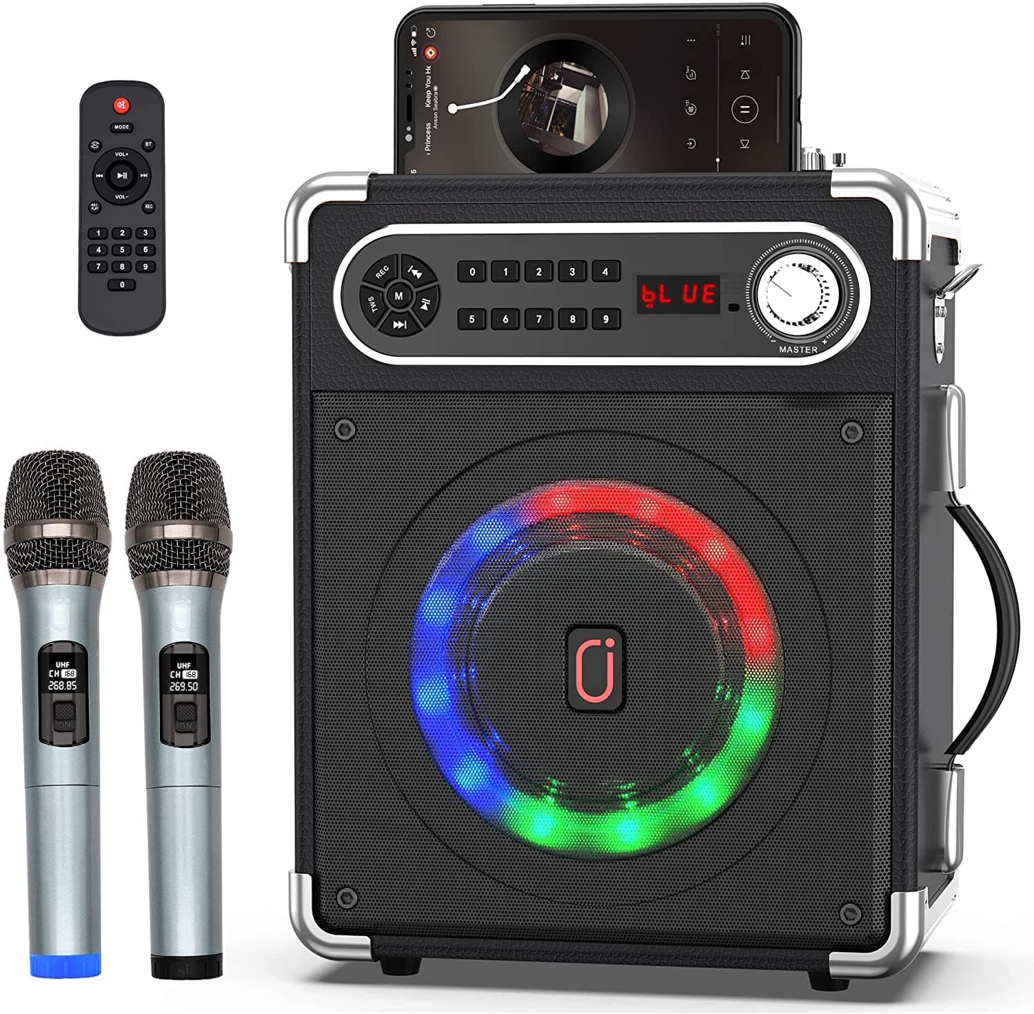 JYX Karaoke Machine with Two Wireless Microphones, Portable Bluetooth Speaker with Bass/Treble Adjustment, Remote Control and LED Lights, Supports ...