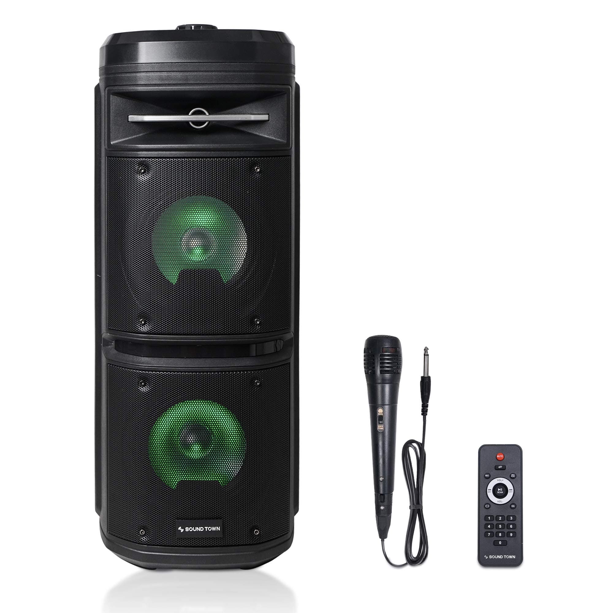 Sound Town Dual 6.5” Portable PA Speaker with Built-in Rechargeable Battery, 1 Wired Mic, Bluetooth, USB, SD Card Reader, LED Light (OPIK-26X)