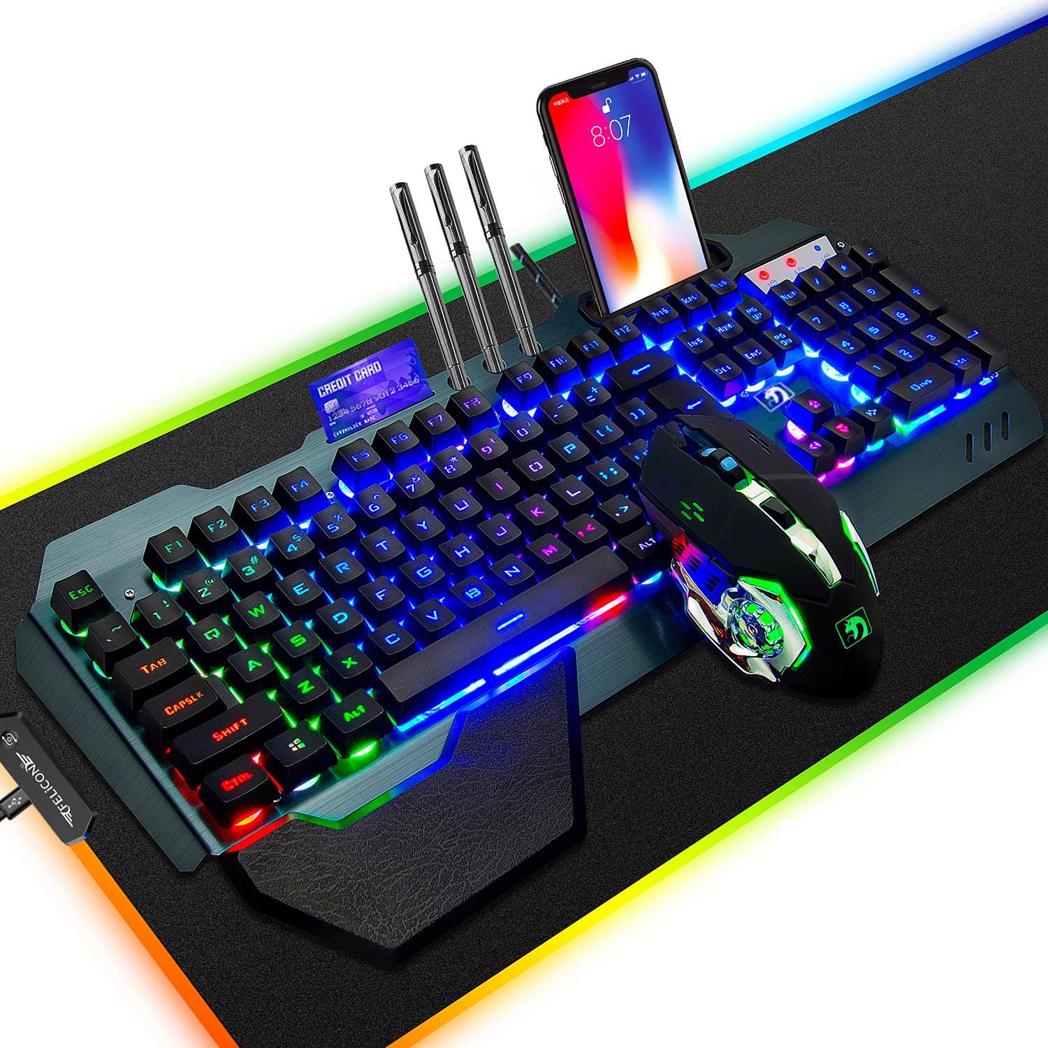 FELiCON Wired Game Keyboard and Mouse Combo, RGB LED Backlit Mechanical Feel Keyboard with Hand Rest Phone Holder,and 6 Button 3200 DPI Mice and La...