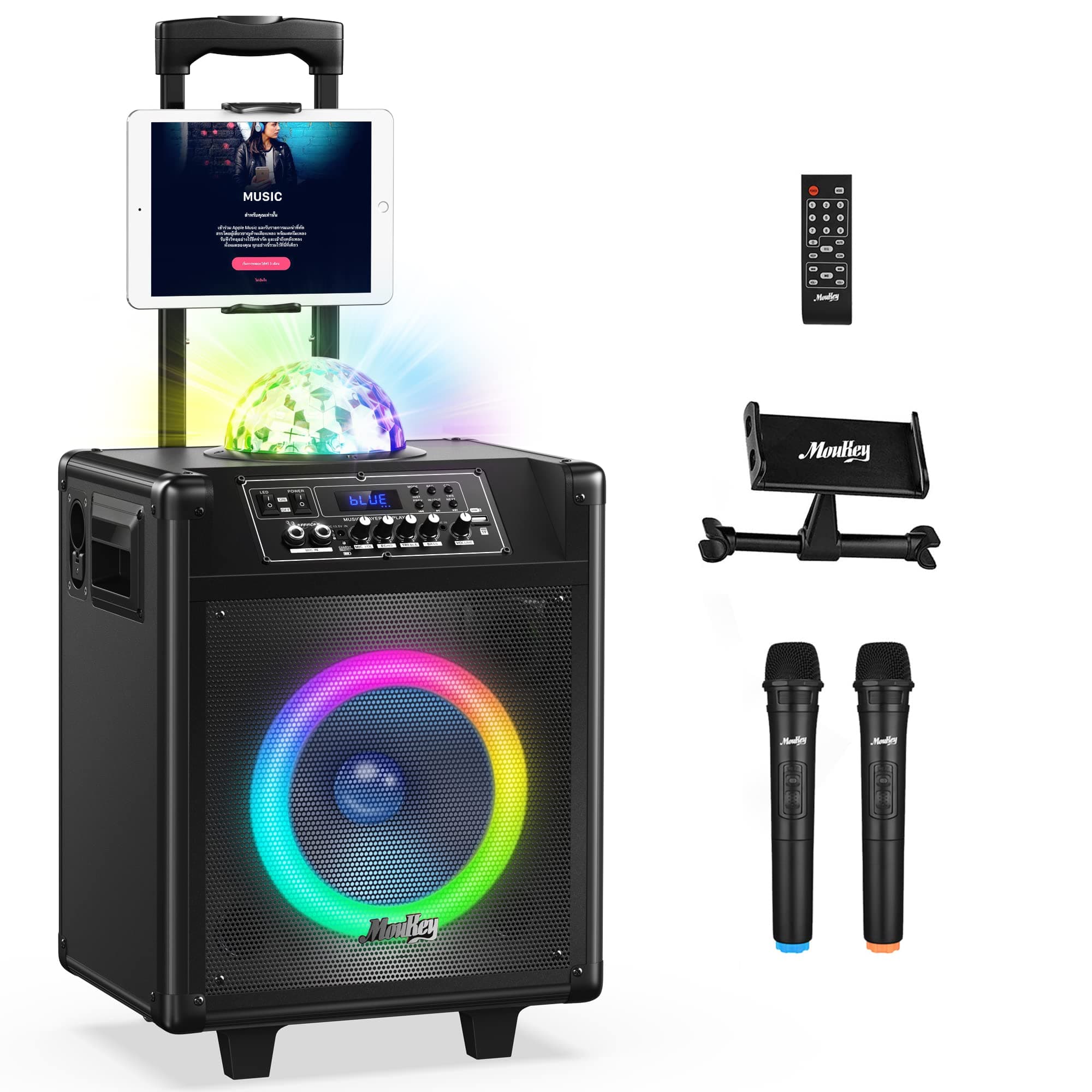 Moukey Karaoke Machine, PA System with 10" Subwoofer, Portable Bluetooth Speaker with 2 Wireless Microphones, 2 Disco Lights, Tablet Holder & R...