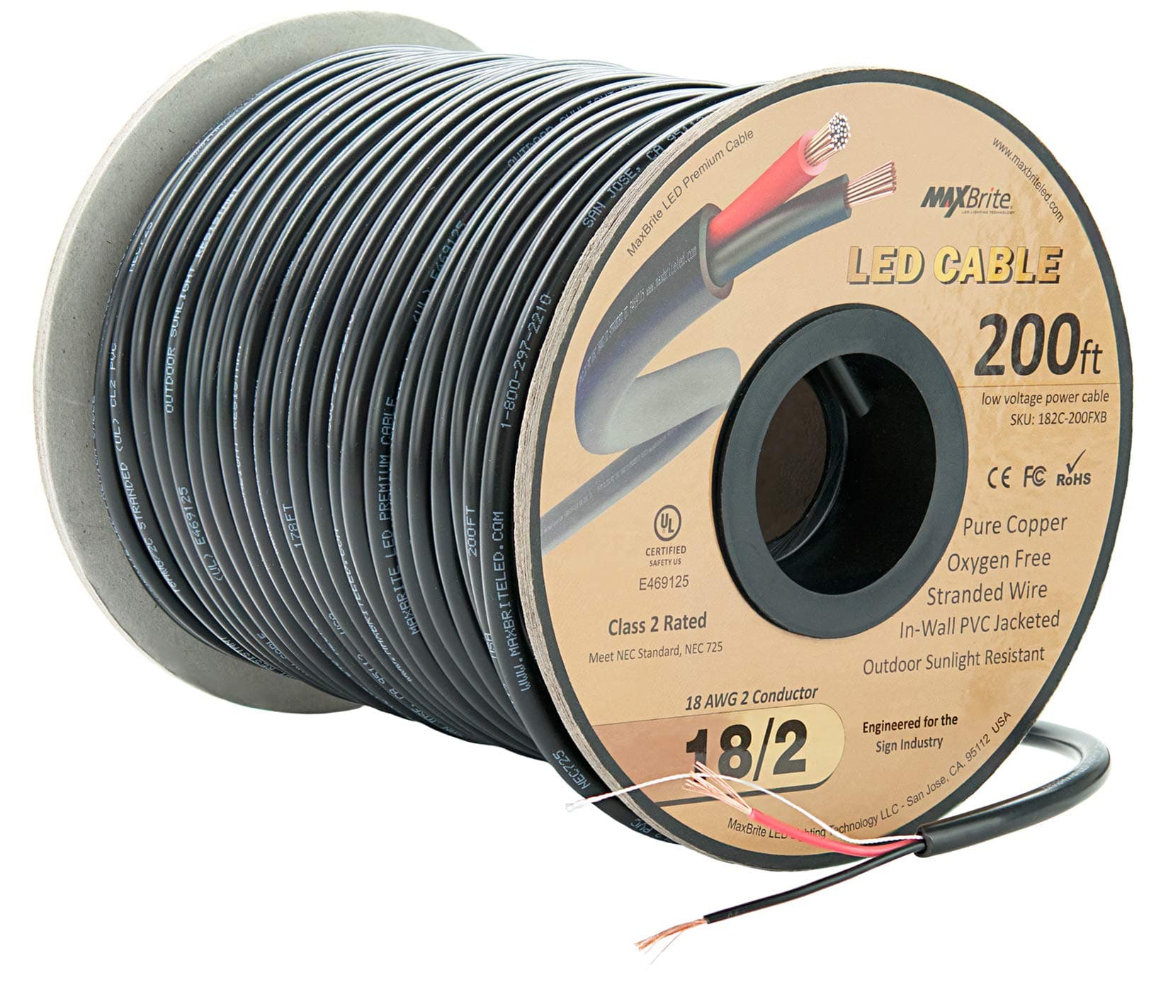 200 ft. 18AWG Low Voltage LED Cable, 2 Conductor, Outdoor Rated, Black Sleeve in-Wall Speaker Wire UL/cUL Class 2, Sunlight Resistant