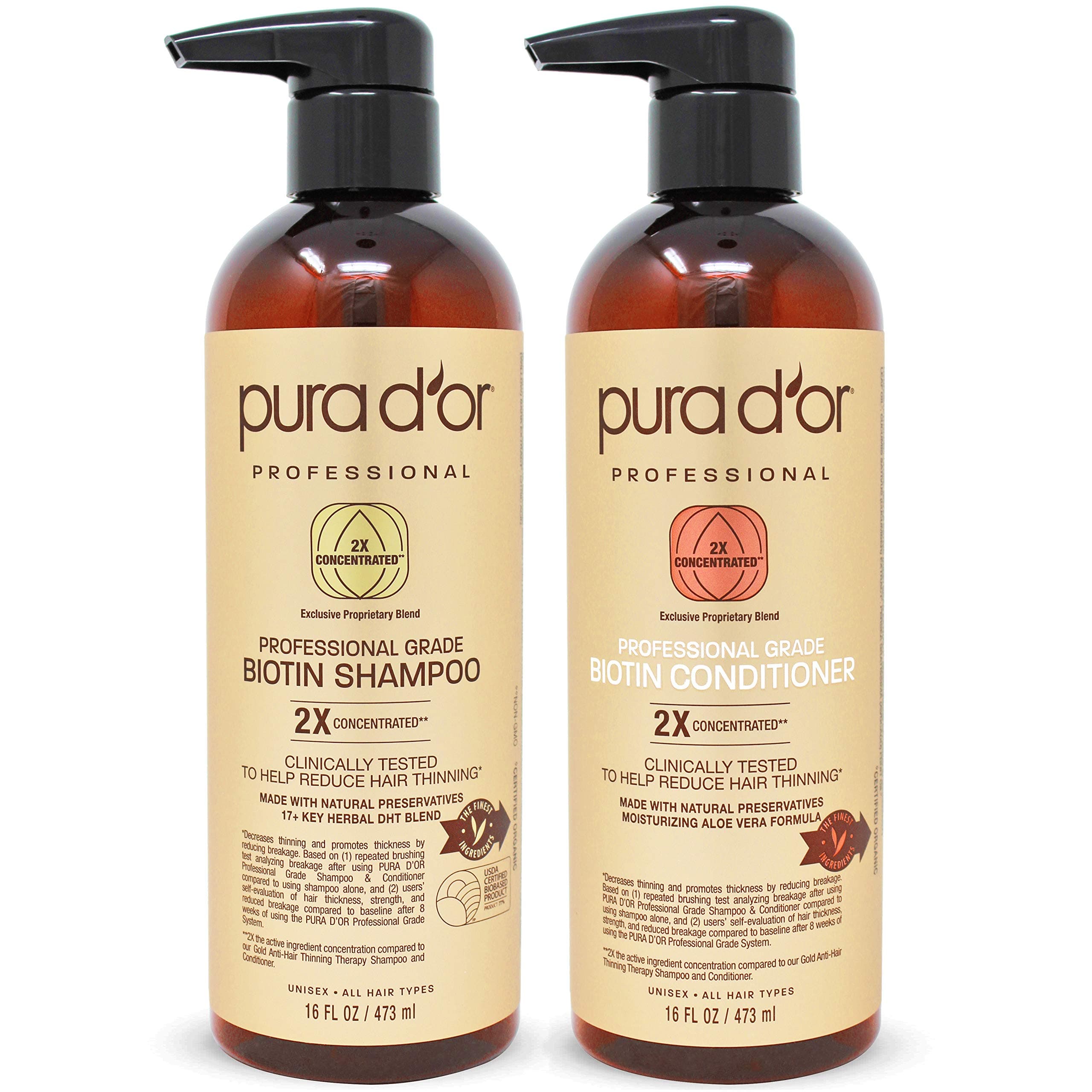 PURA D'OR Professional Grade Anti-Hair Thinning 2X Concentrated Actives Biotin Shampoo & Conditioner (16oz x 2), No Sulfates, Clinically Tested...
