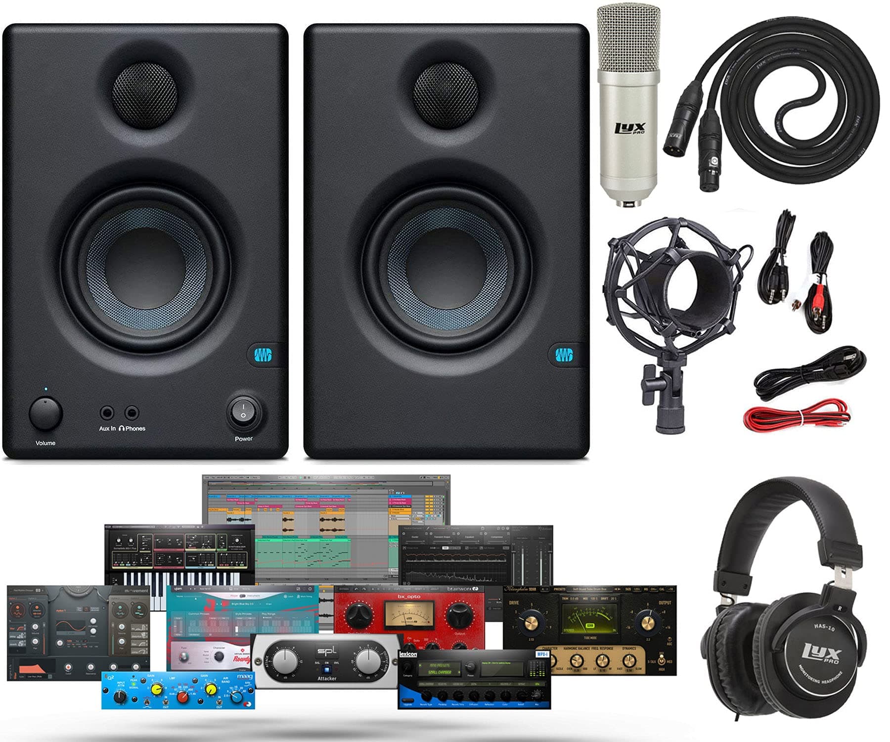 PreSonus Pair of Eris E3.5 3.5" 2-Way 25W Studio Monitors with and Professional Condenser Recording Microphone, Shockmount XLR Kit