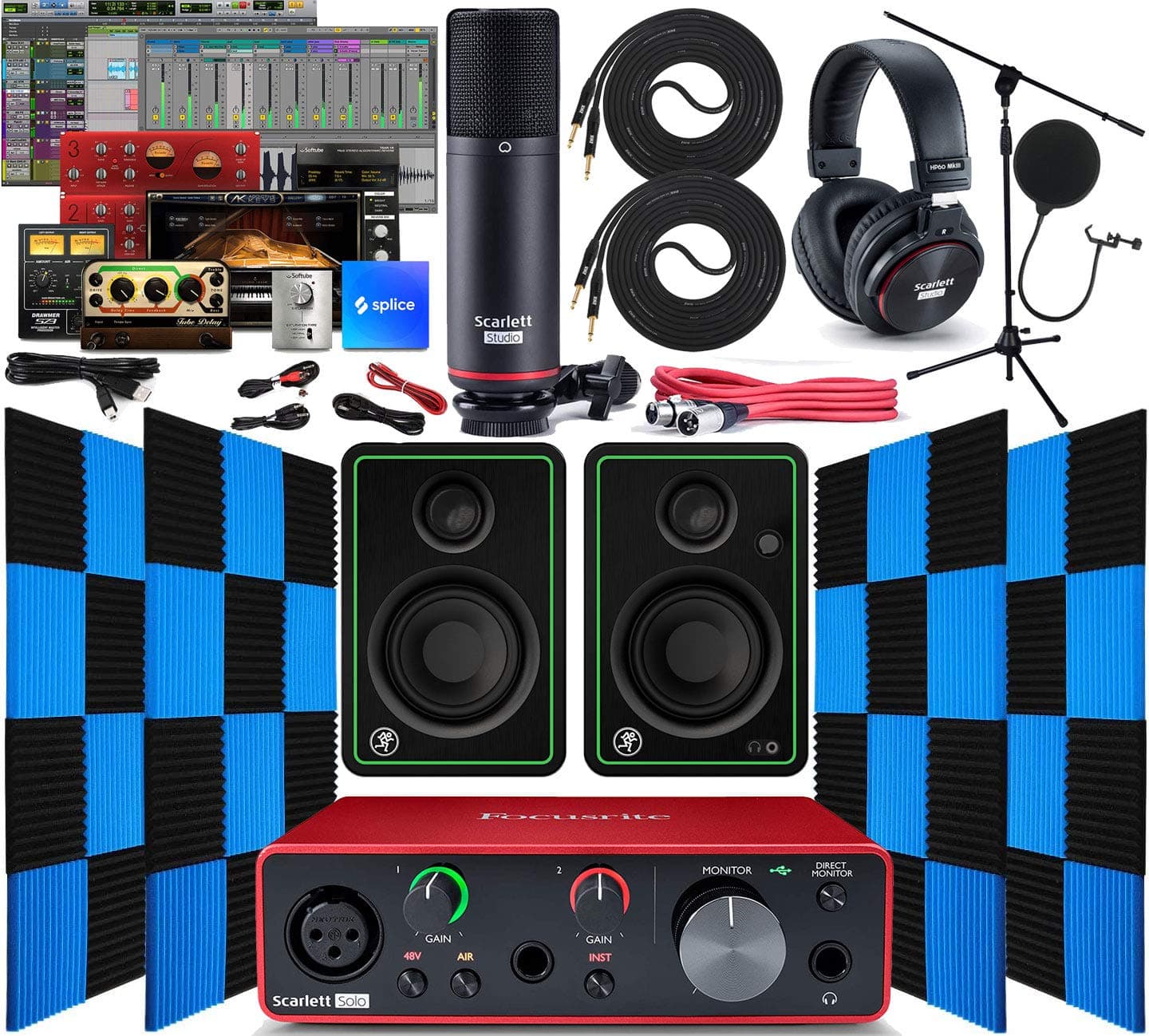 Focusrite Scarlett Solo 2x2 USB Audio Interface with Creative Music Software Kit with Mackie CR3-X Pair Studio Monitors, 24 Pack Acoustic Soundproo...