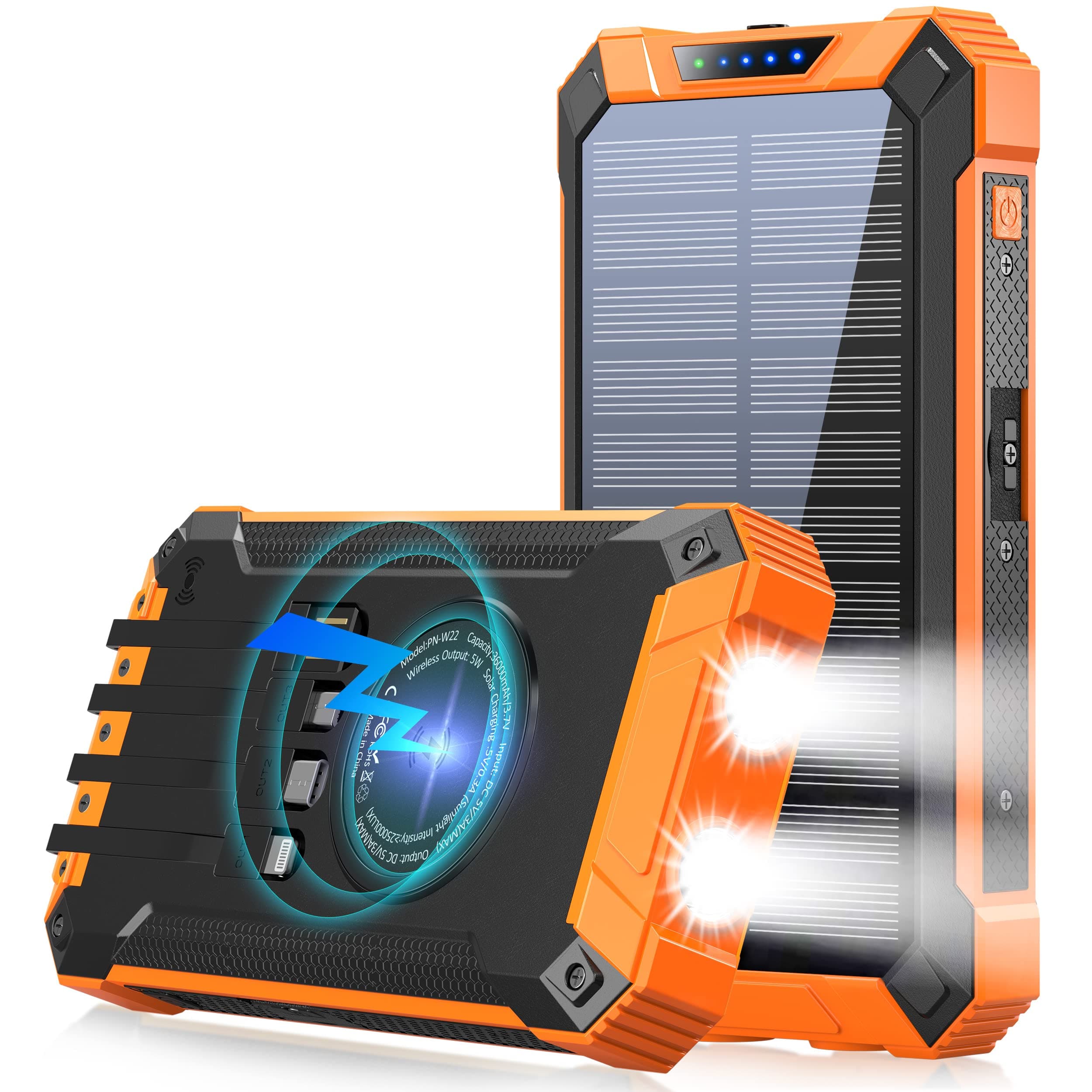 Solar Power Bank 36000mAh Built-in 4 Cables Qi Wireless Charger with Dual LED Flashlight Solar Portable External Battery IPX4 Waterproof 15W 5V/3A ...