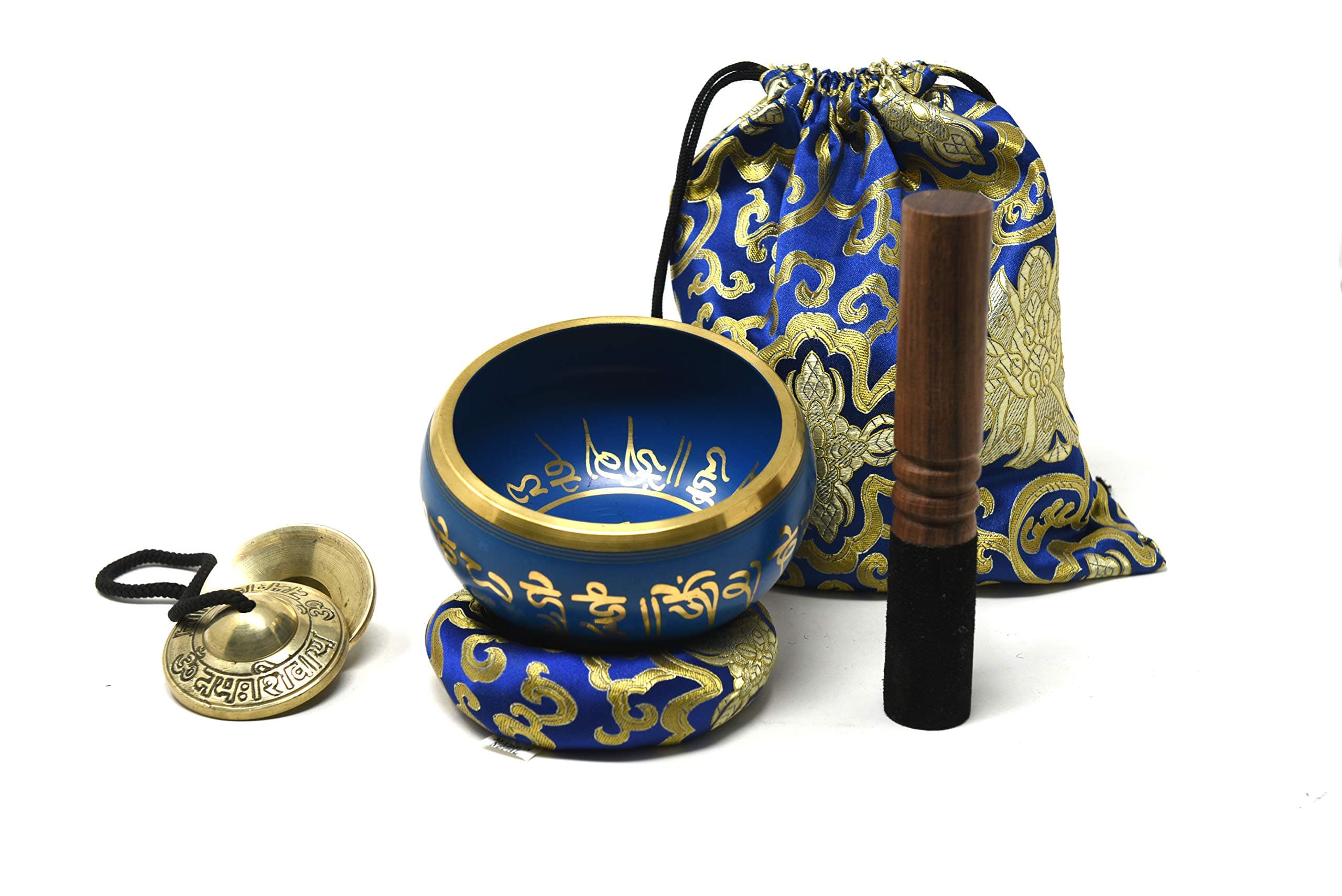 5 Inch Tibetan Meditation Yoga Singing Bowl Set with free Om Tingsha cymbals,wooden Mallet Silk Cushion and Carry bag from Nepal, Singing bowls.