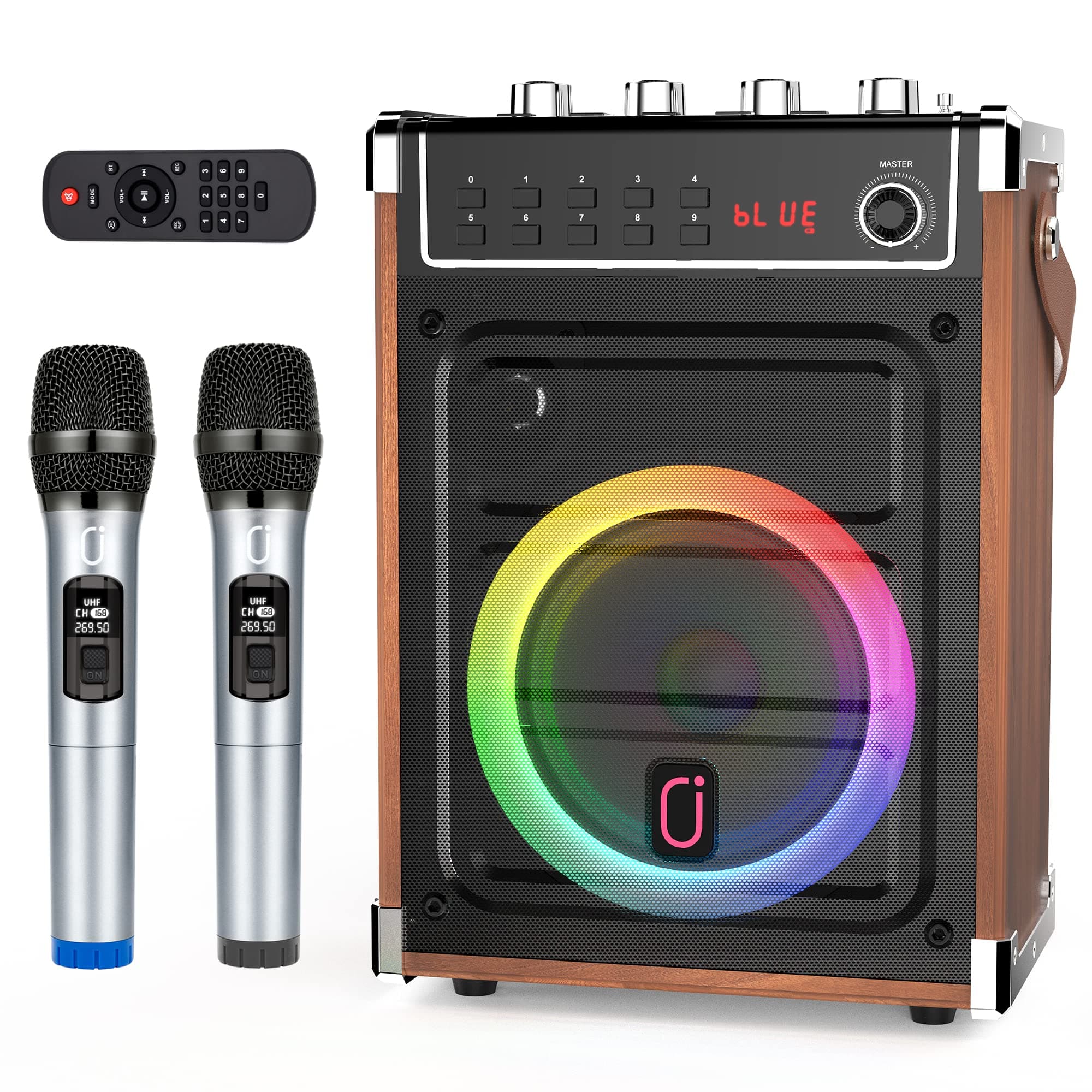JYX Karaoke Machine with 2 UHF Wireless Microphones, Bass/Treble Adjustment and LED Light, Support TWS, AUX In, FM, REC, Supply for Party/Meeting/W...