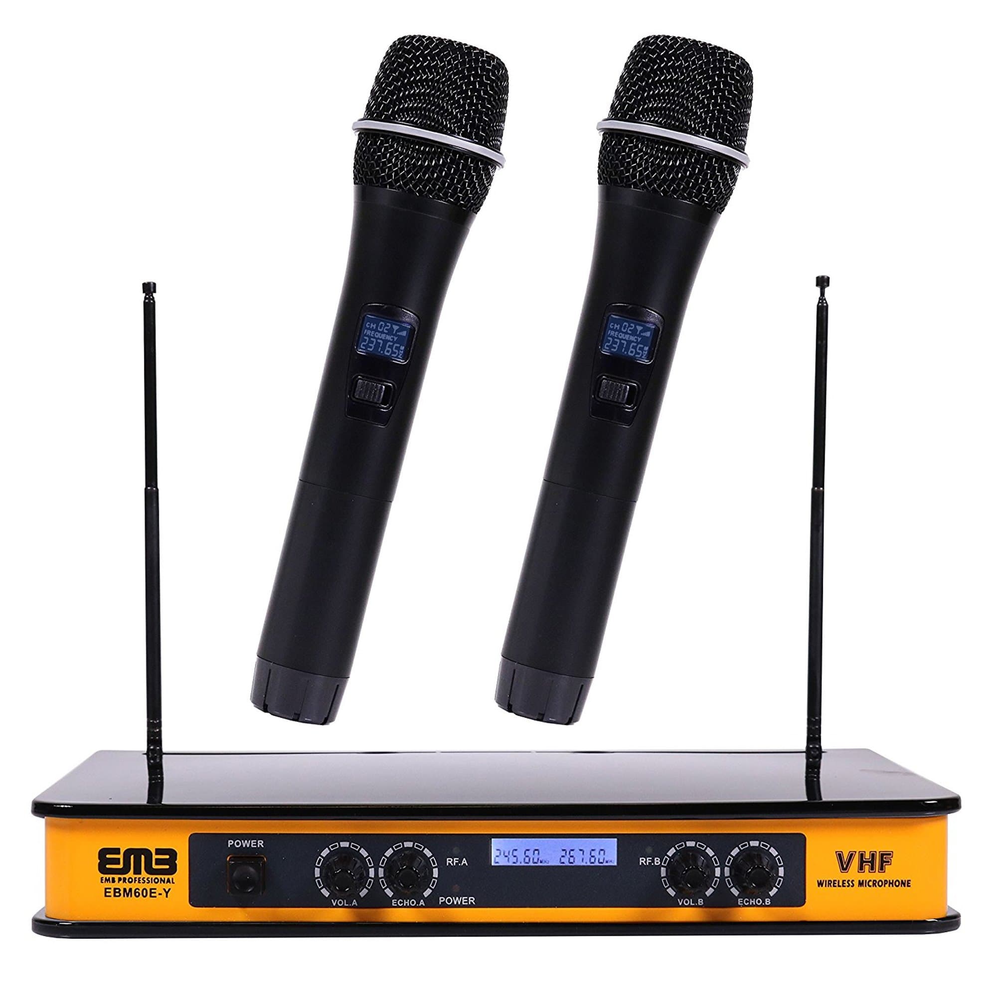 EMB - EBM60E Yellow VHF Dual Wireless Handheld Microphone System with Echo Feature. Great for Karaoke, DJ, PA, Presentation, Live Performances and ...