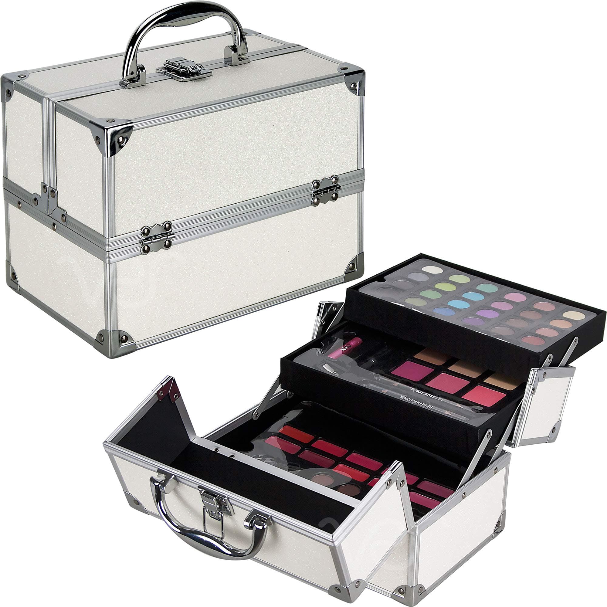 Ver Beauty 55pcs Makeup Gift Set Kit Train Case With Extendable Trays (eyeshadow, Blushes, Lipstick & More) - Vmk1304, White Glitter